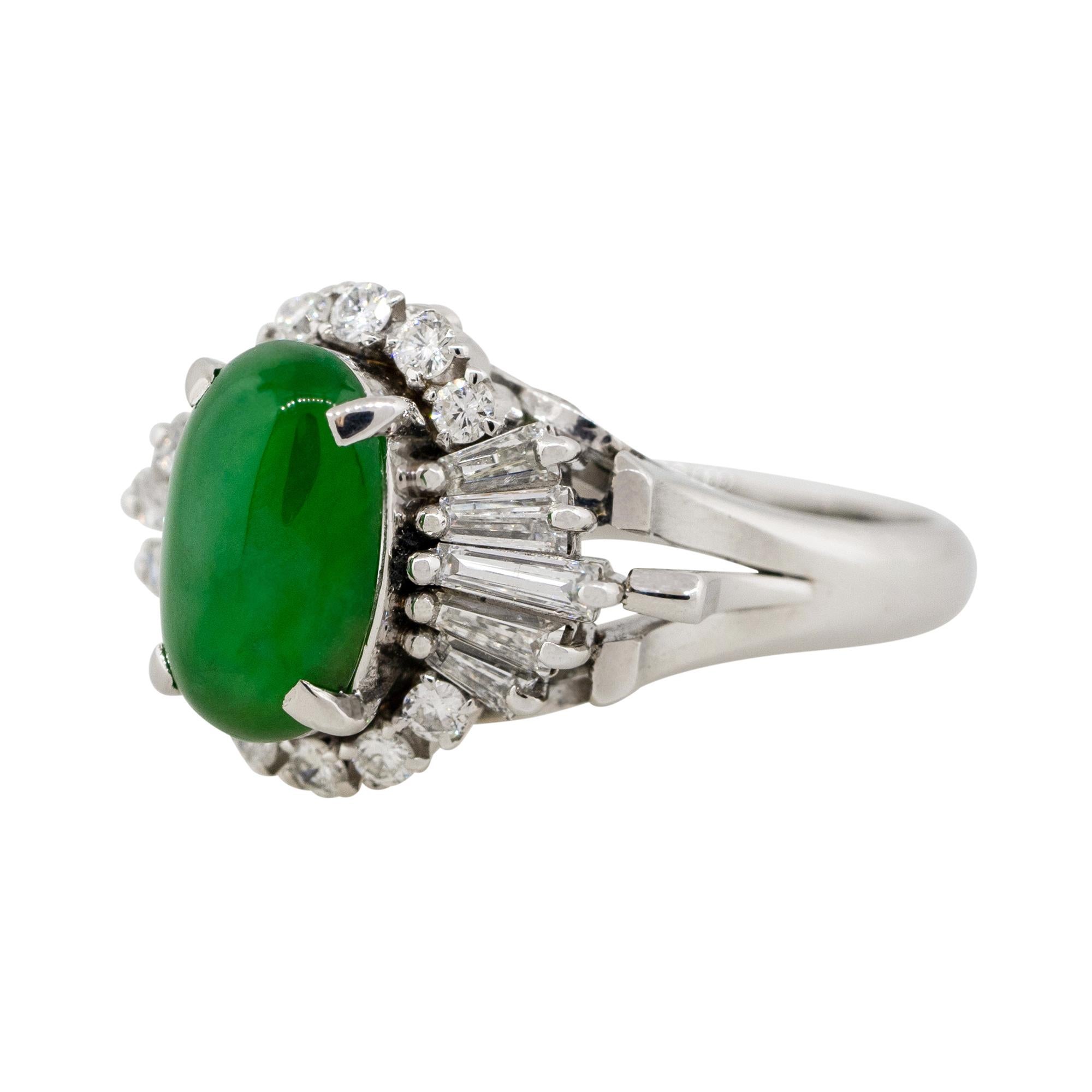 Material: Platinum
Center Gemstone Details: Approx. 2.11ctw Jade cabochon center gemstone
Diamond Details: Approx. 0.70ctw of round & baguette cut Diamonds. Diamonds are G/H in color and VS in clarity
Size: 4.75
Total weight: 8.3g
