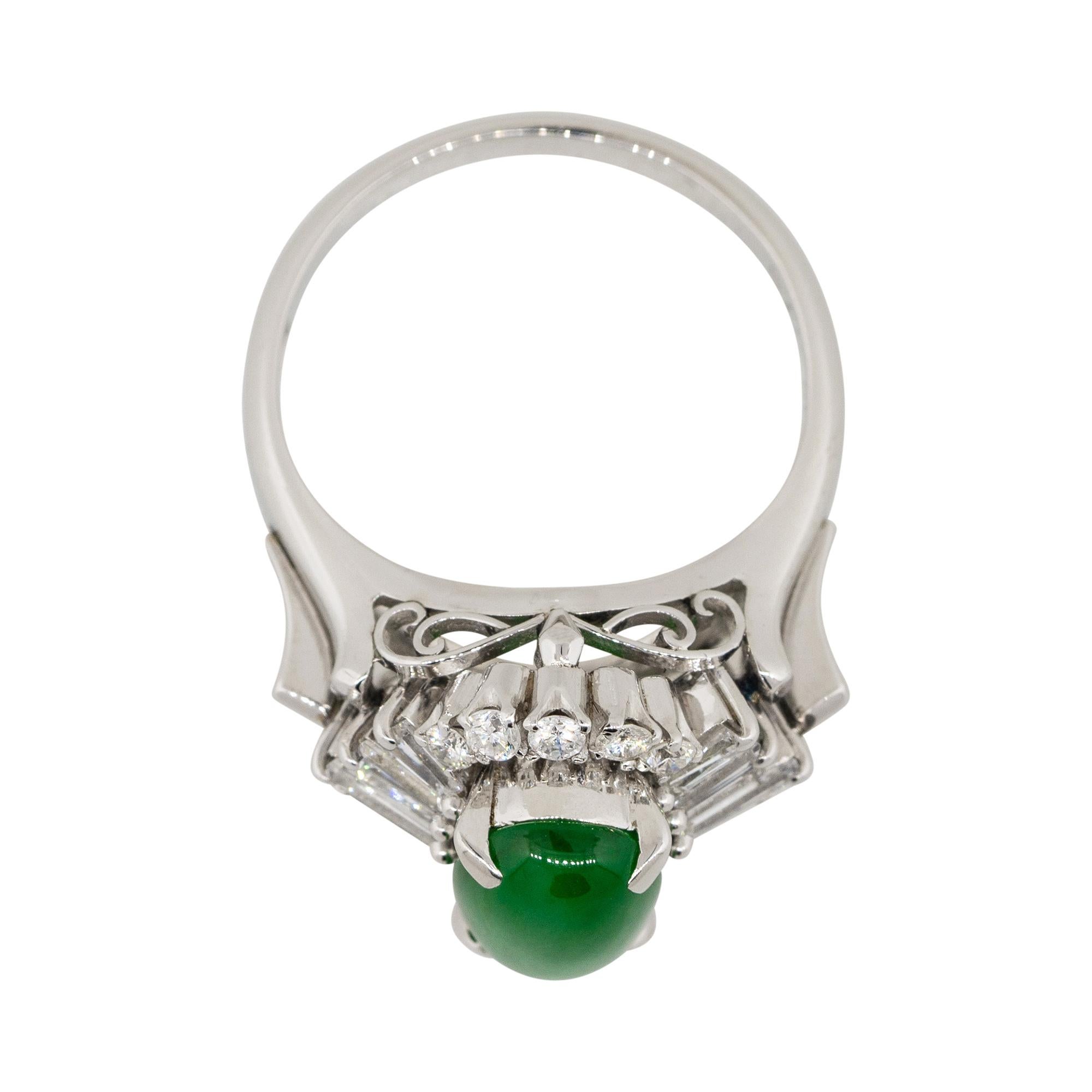 Jade Cabochon Center & Diamond Platinum Cocktail Ring In Stock For Sale 1