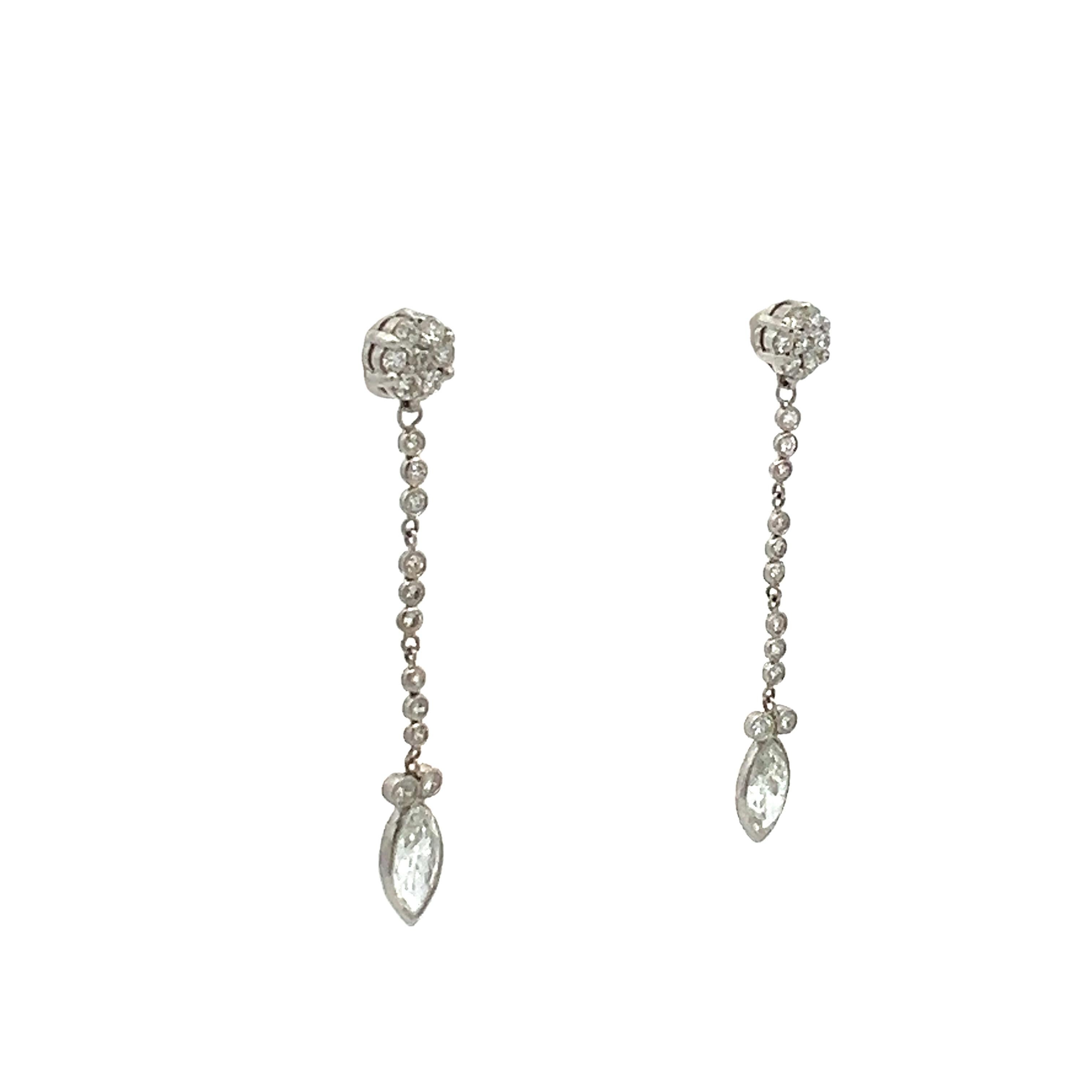 2,11 Karat Marquis Form und runder Brillant Diamant Platin Tropfen Ohrringe Damen im Angebot