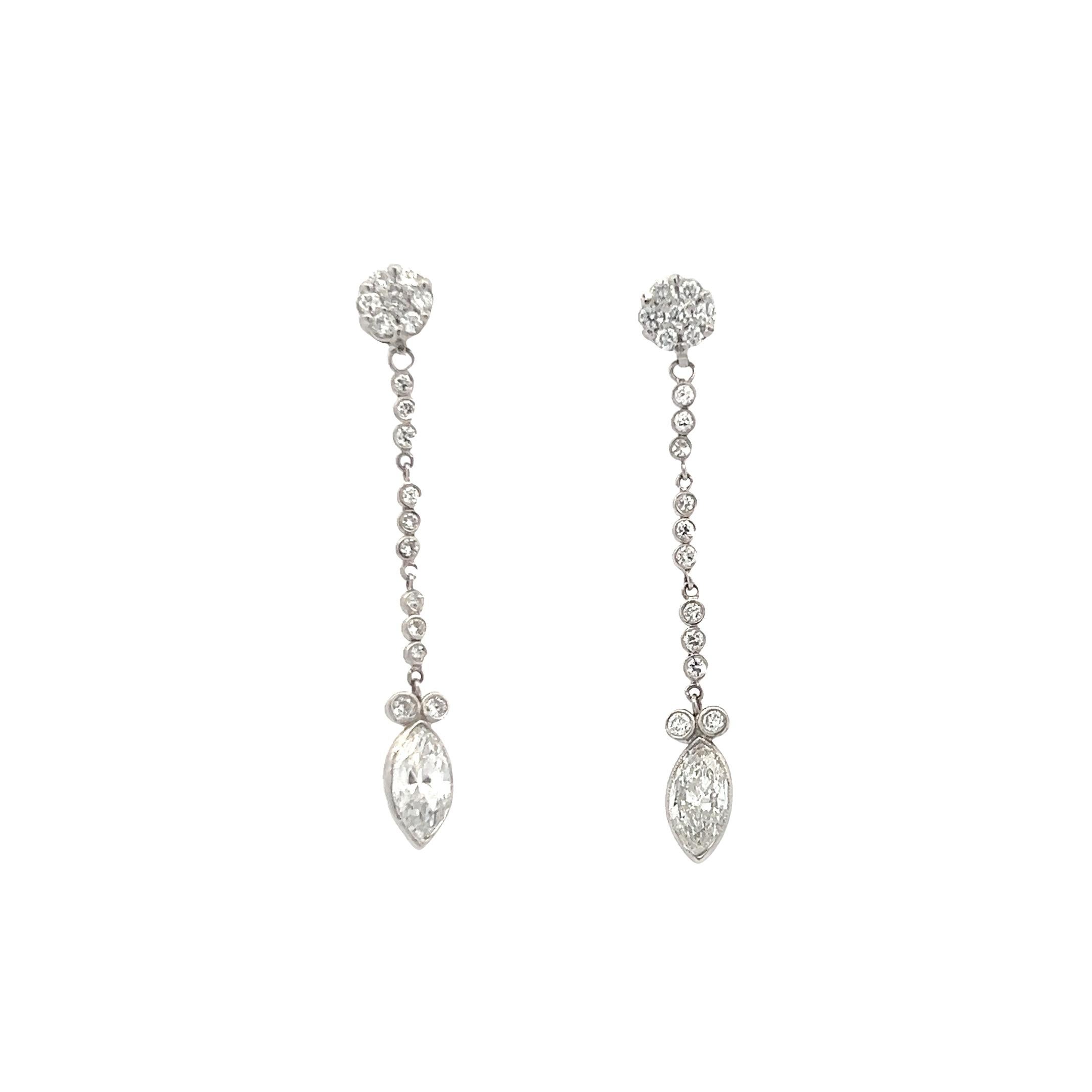 2,11 Karat Marquis Form und runder Brillant Diamant Platin Tropfen Ohrringe im Angebot 3
