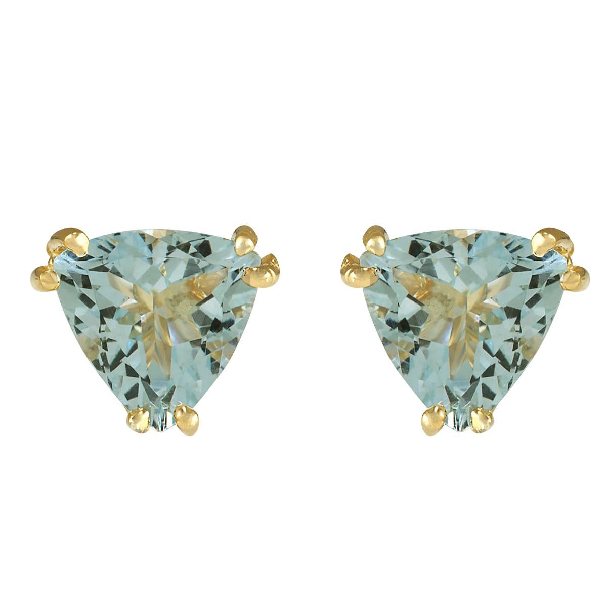Aquamarine Trillion Earrings In 14 Karat Yellow Gold In New Condition For Sale In Los Angeles, CA