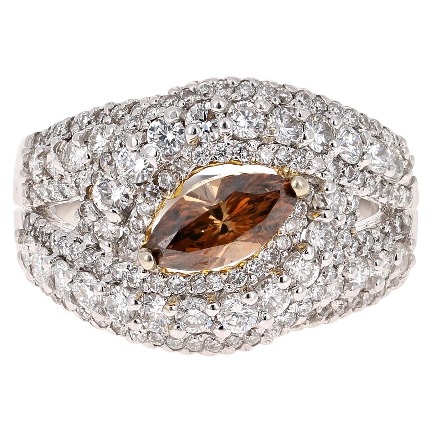Bague de fiançailles en or blanc 14 carats avec diamant brun fantaisie naturel de 2,11 carats