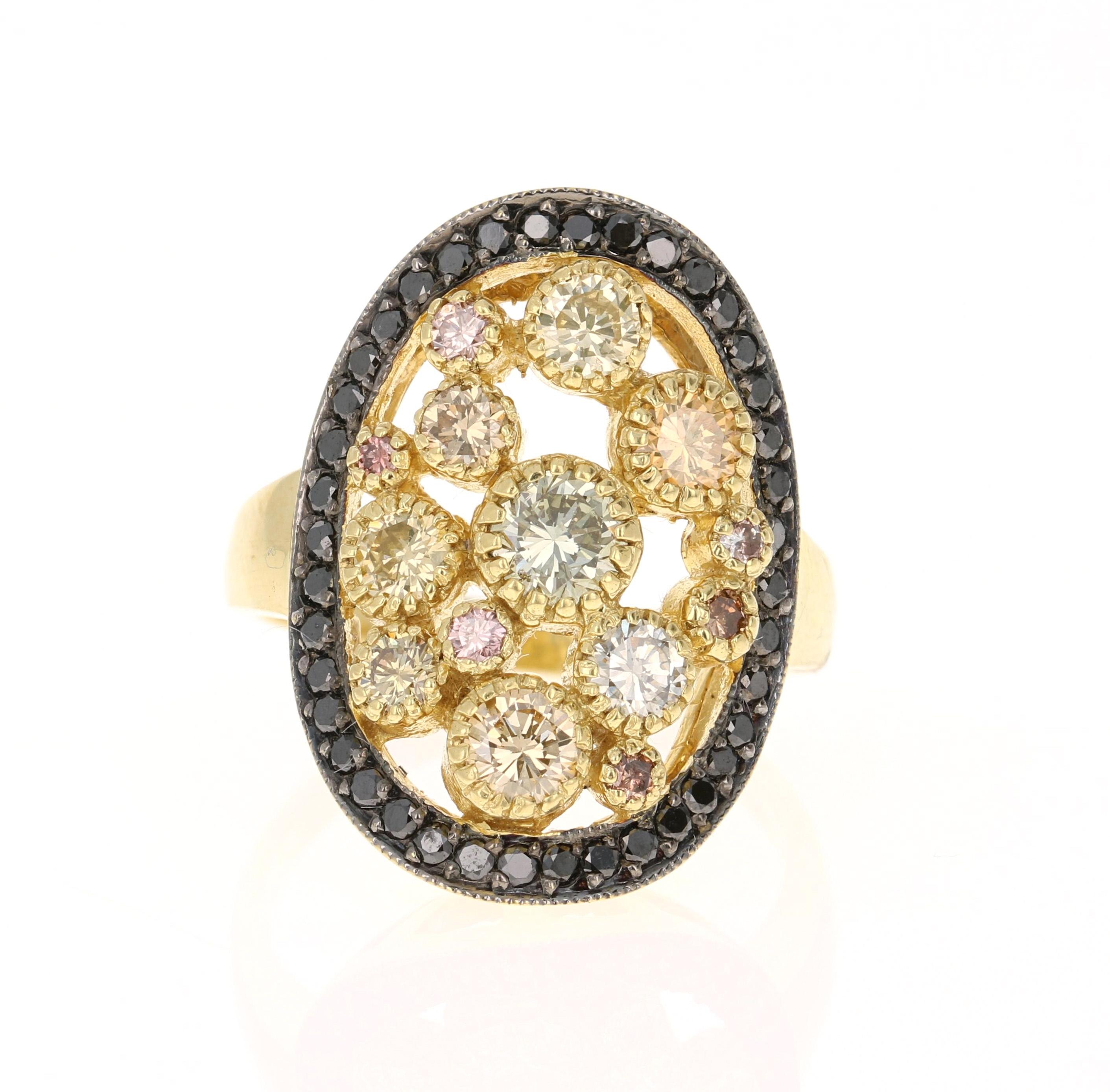 This magnificent beauty has 10 fancy color round cut natural diamonds that weigh 1.67 Carats It is further embellished with 40 Black Round Cut Diamonds that weigh 0.44 Carats. The total carat weight of the ring is 2.11 Carats. 

The ring is curated