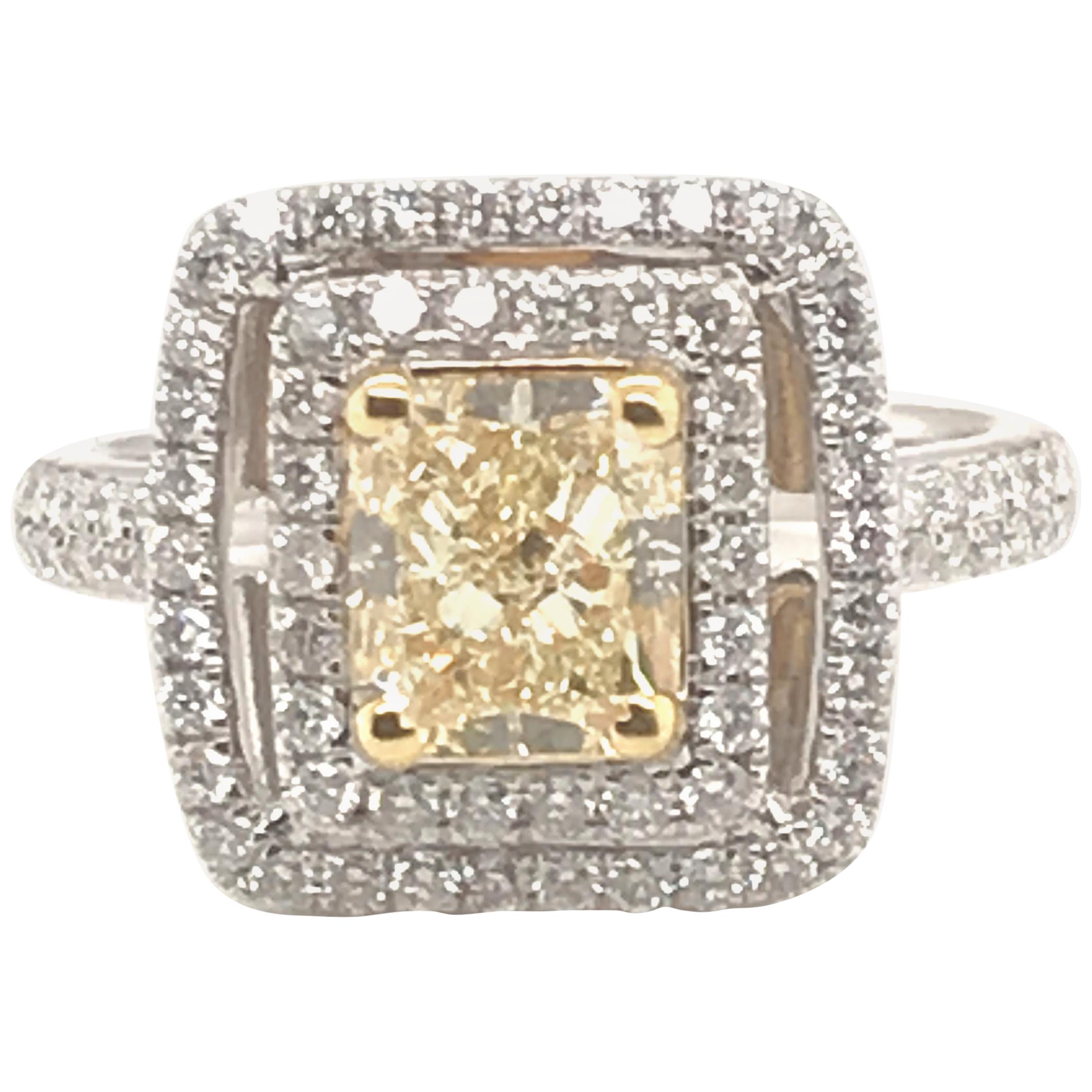 2.11 Carat Natural Fancy Yellow Diamond Ring with 18 Karat White and Yellow Gold For Sale