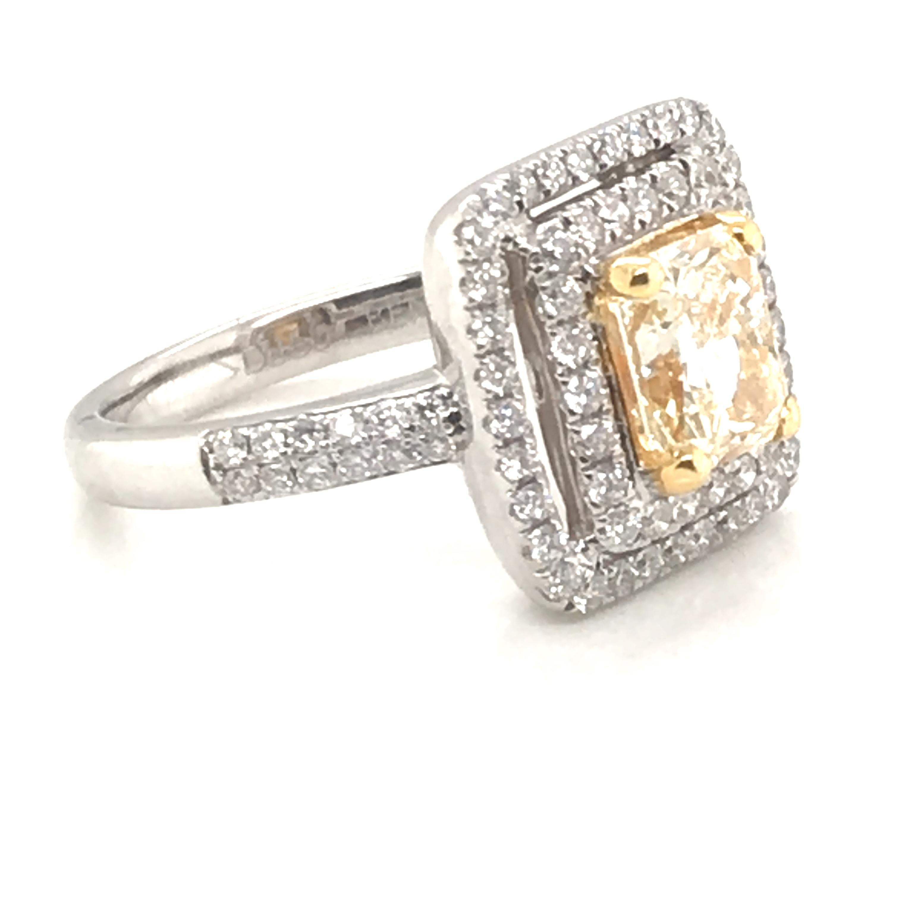 Modern 2.11 Carat Natural Fancy Yellow Diamond Ring with 18 Karat White and Yellow Gold For Sale