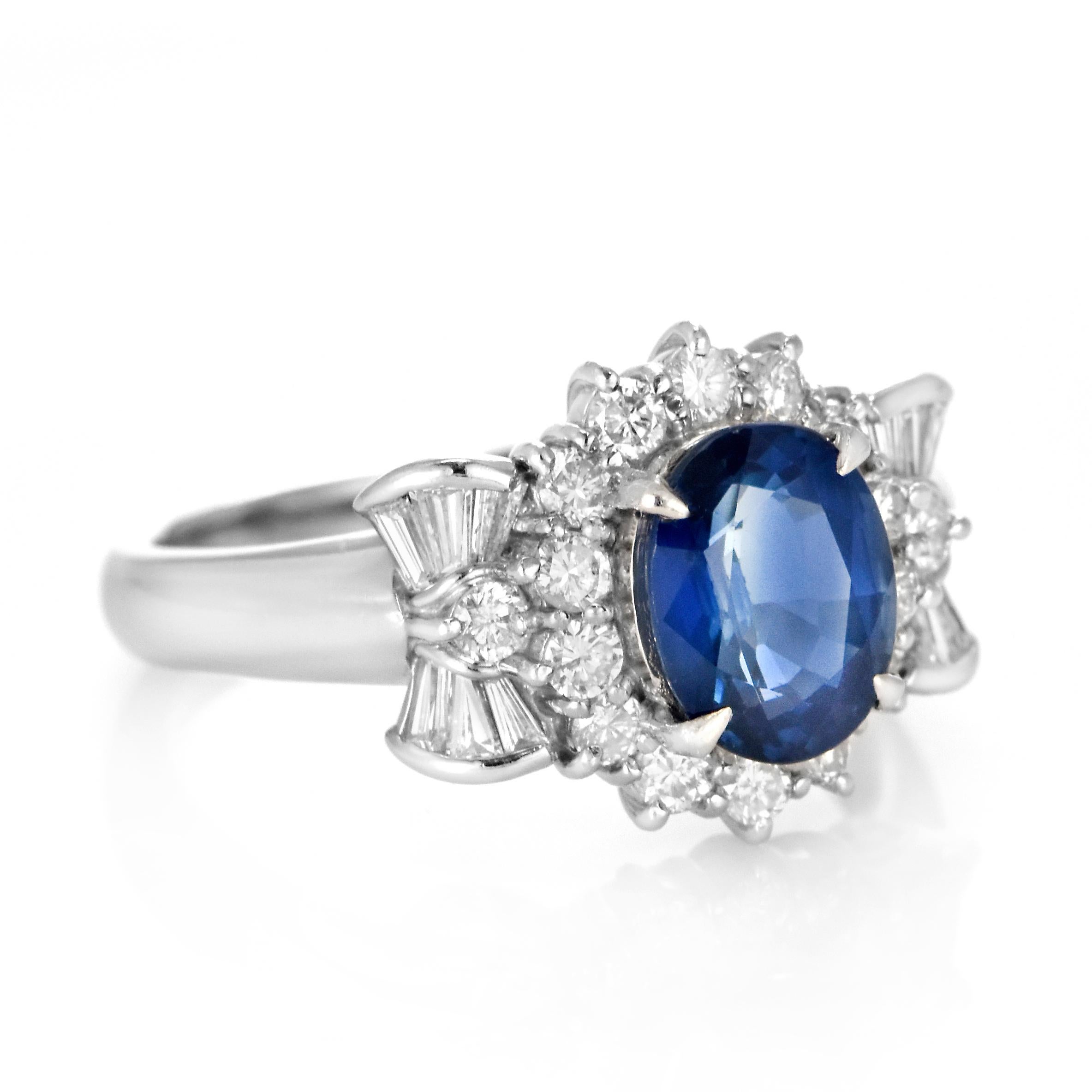 Oval Cut 2.11 Carat Natural Sapphire and Diamond Ring Made in Platinum For Sale