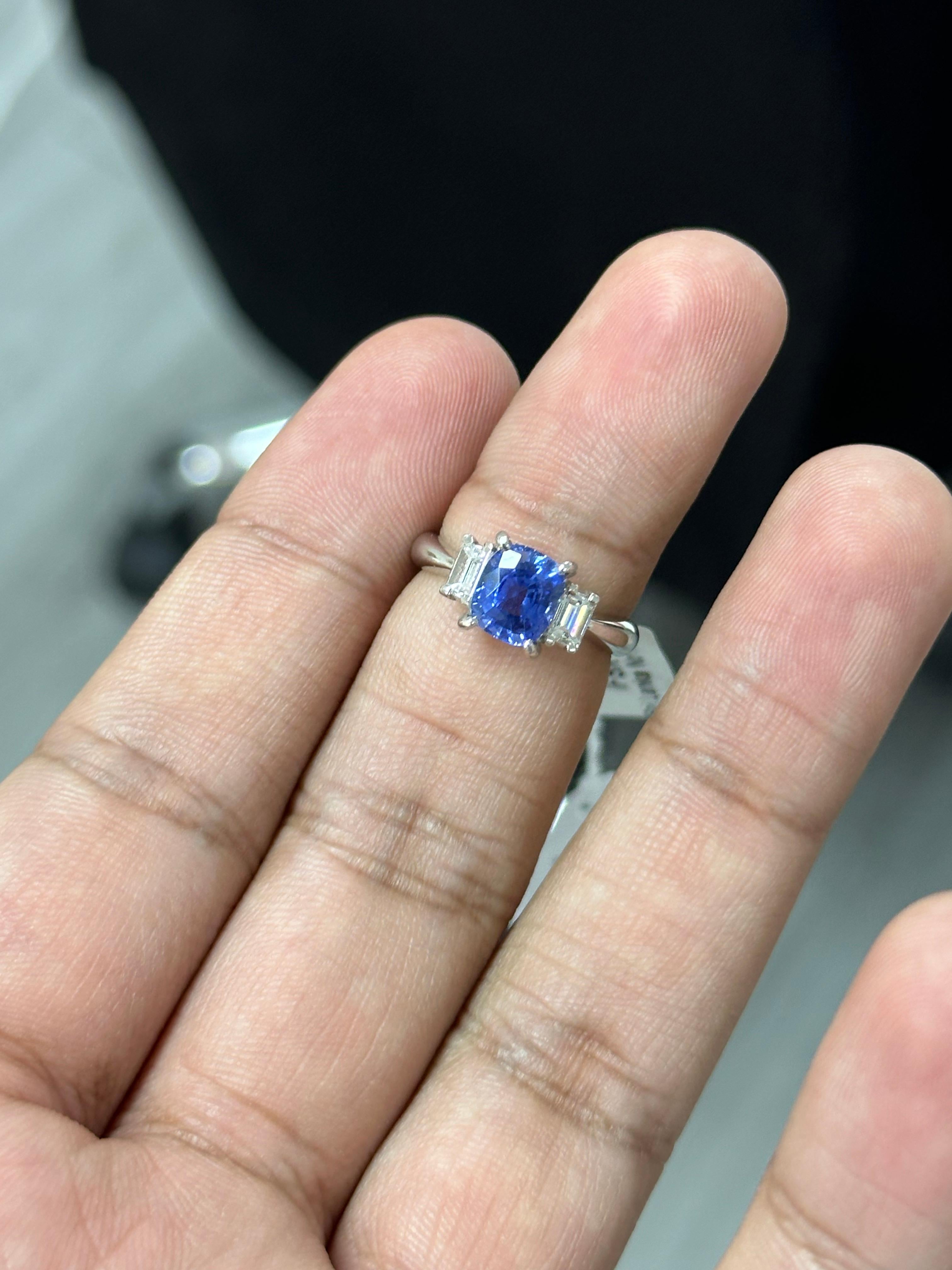 Cushion Cut 2.11 Carat No-Heat Blue Sapphire & Diamond Platinum 900 Three-stone Ring