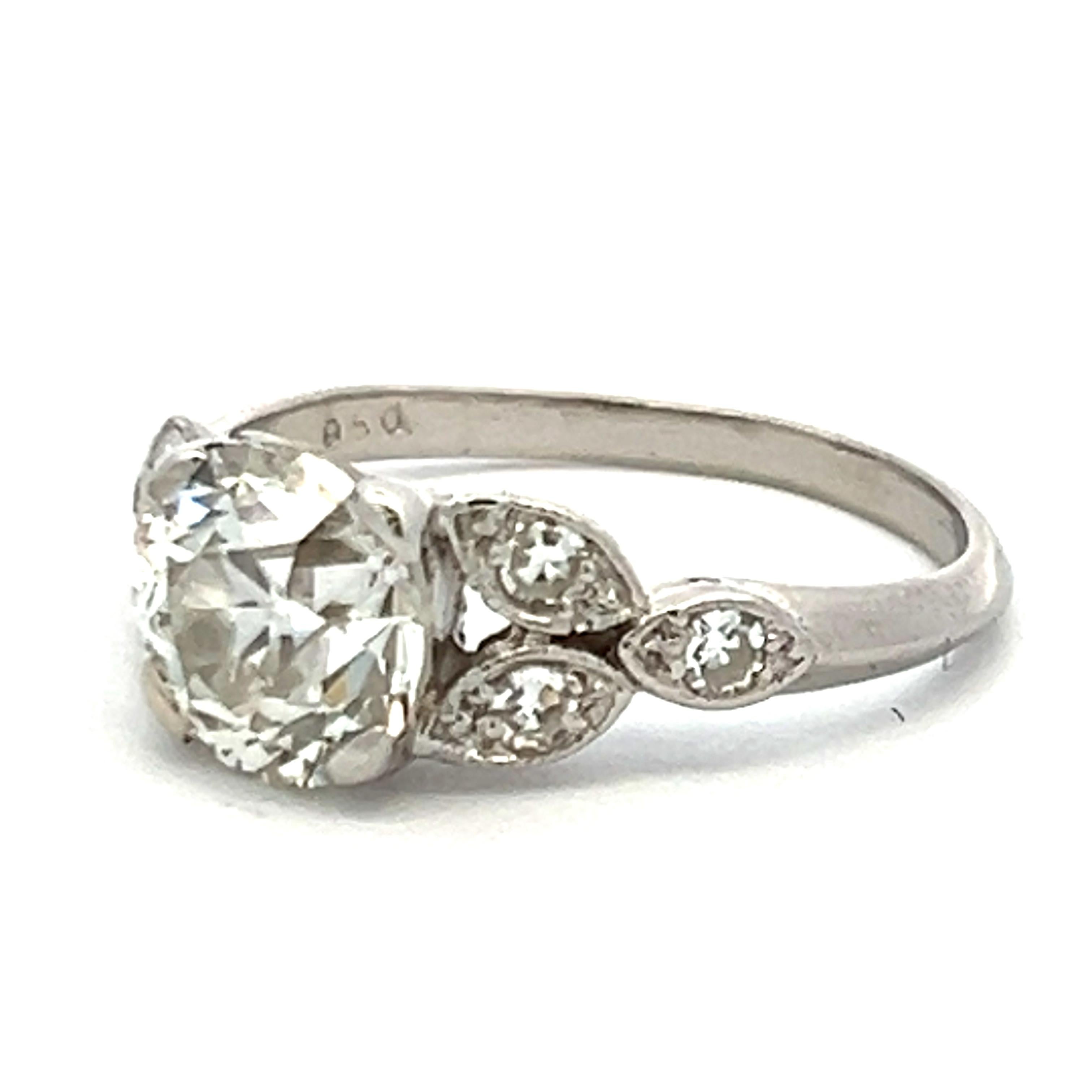 Women's 2.11 Carat Old European Cut L-I VVS2 Diamond Platinum Art Deco Ring For Sale