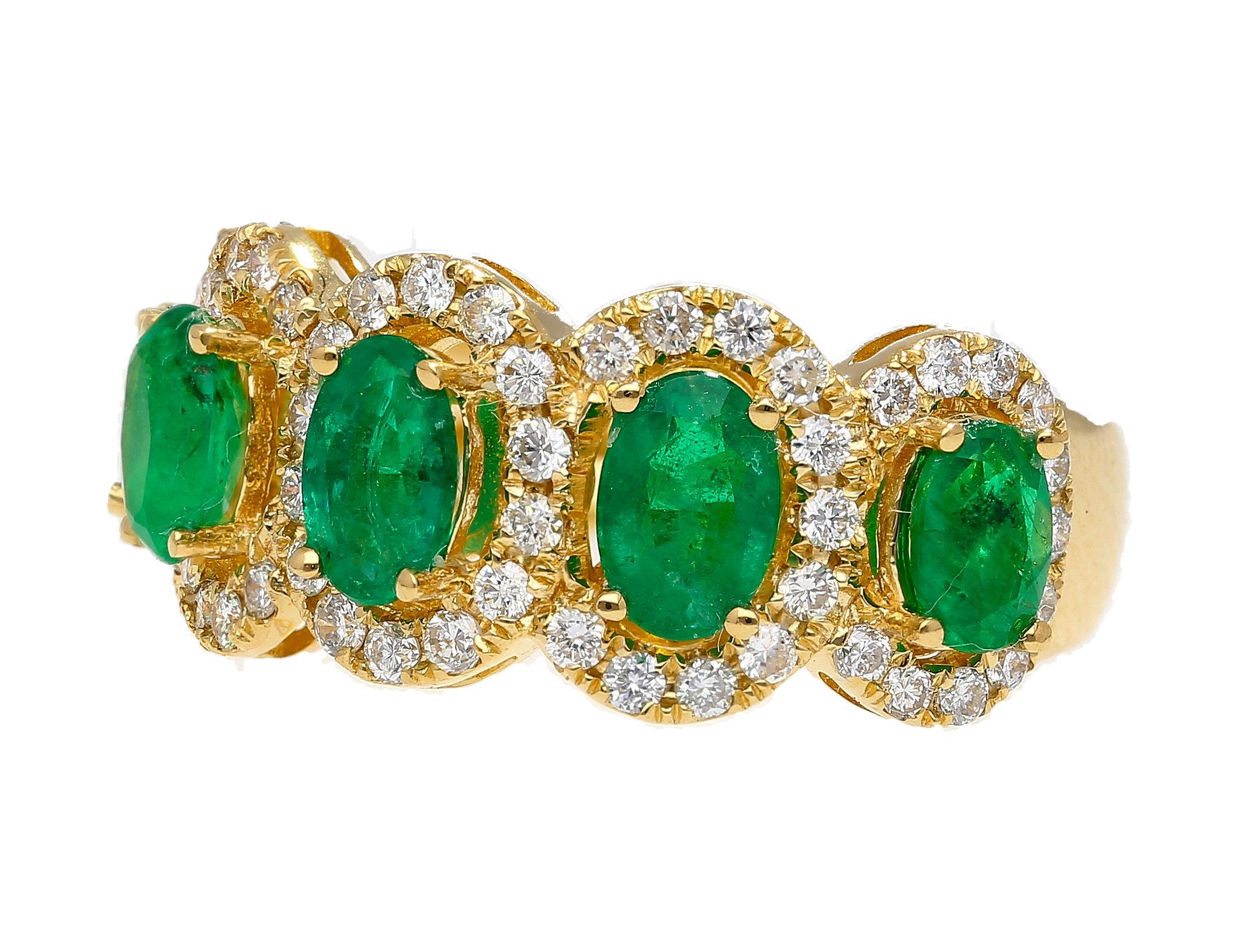 2.11 Carat Oval Cut Emerald and Diamond Wedding Band in 18K Gold For Sale 1