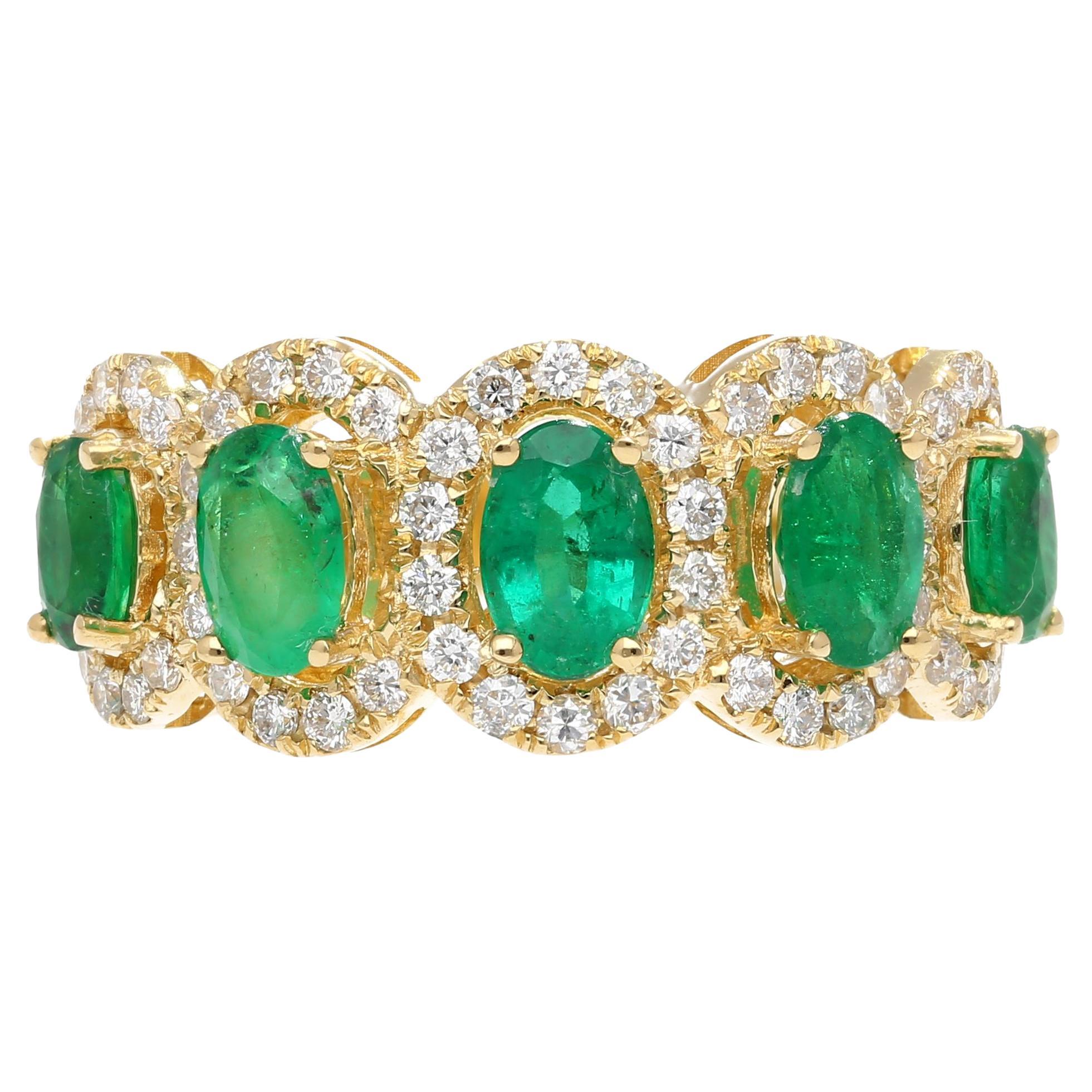 2.11 Carat Oval Cut Emerald and Diamond Wedding Band in 18K Gold For Sale