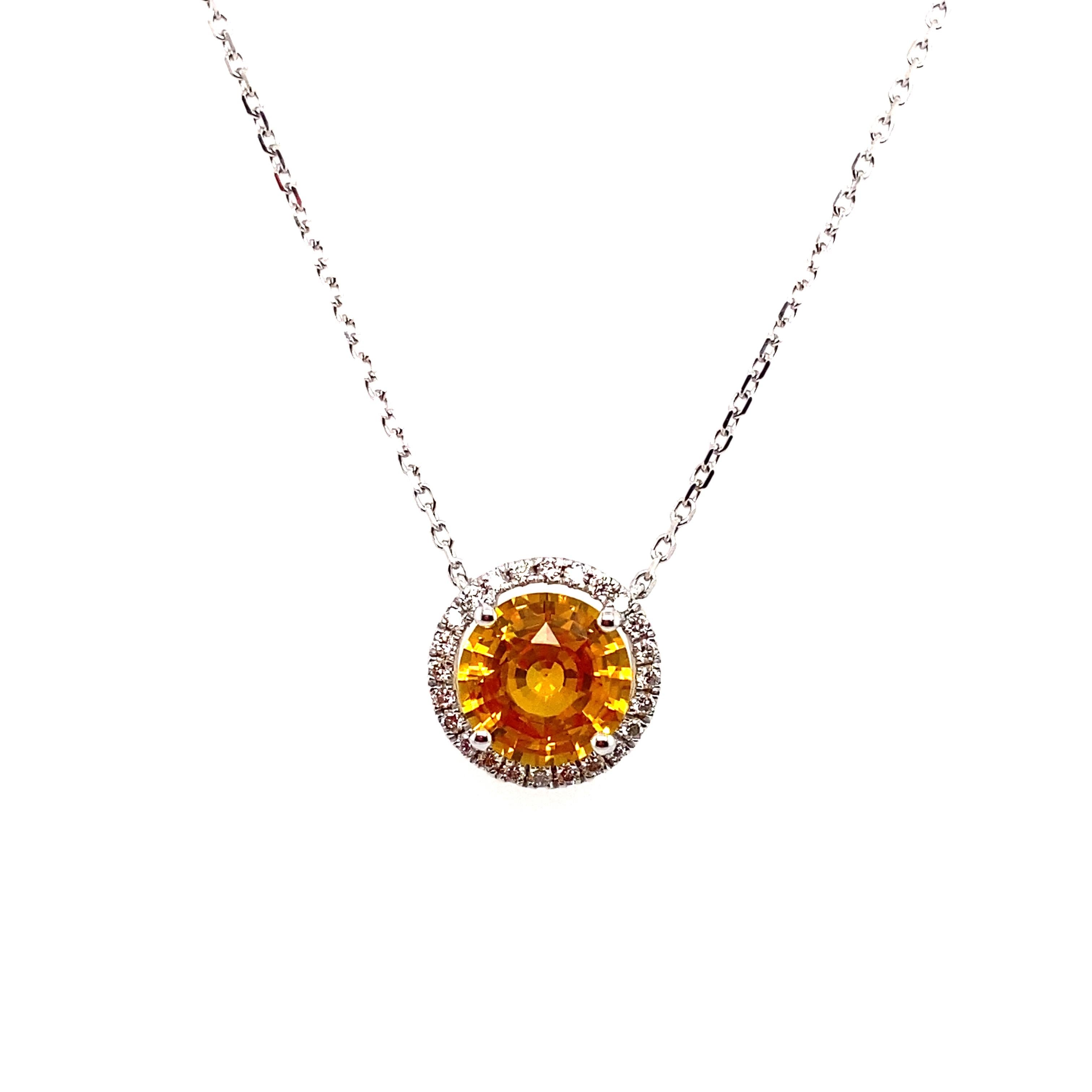 Round Cut 2.11 Carat Yellow Sapphire and Diamond Pendant Necklace For Sale