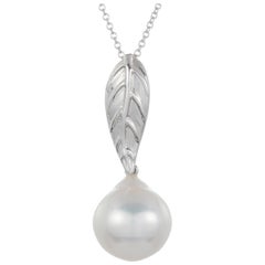 2.11 Carat Round Pearl Pendant with Leaf Detail in 14 Karat White Gold