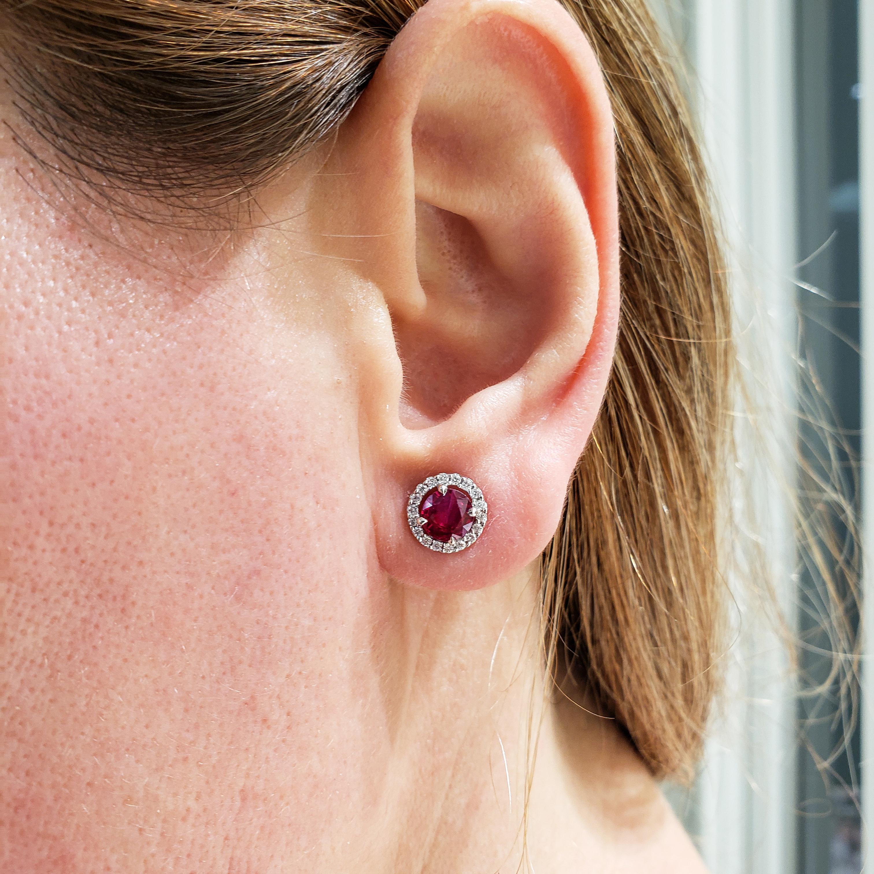 Women's Roman Malakov 2.11 Carats Total Brilliant Round Ruby and Diamond Stud Earrings For Sale
