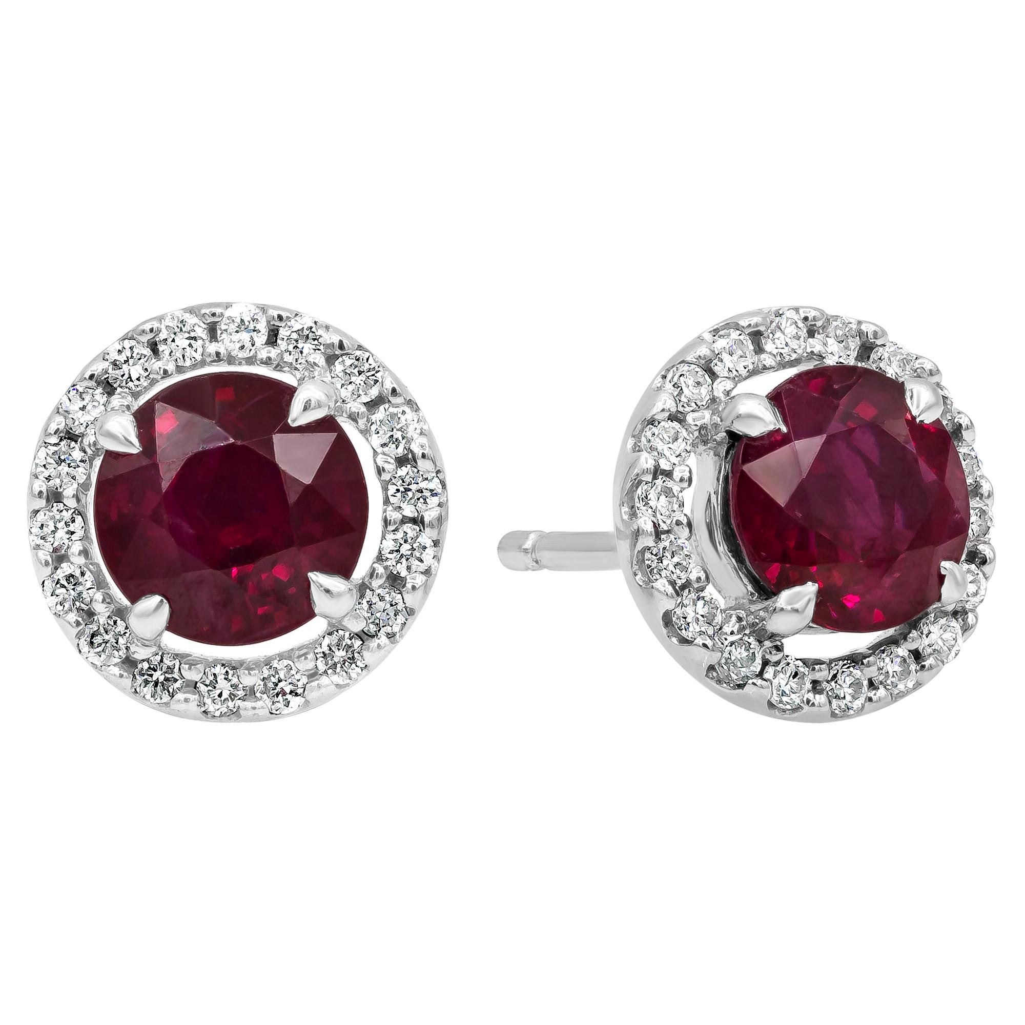 Roman Malakov 2.11 Carats Total Brilliant Round Ruby and Diamond Stud Earrings For Sale