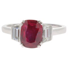 2.11 Carat Ruby Cocktail Ring Set with Baguette White Diamond No Heated