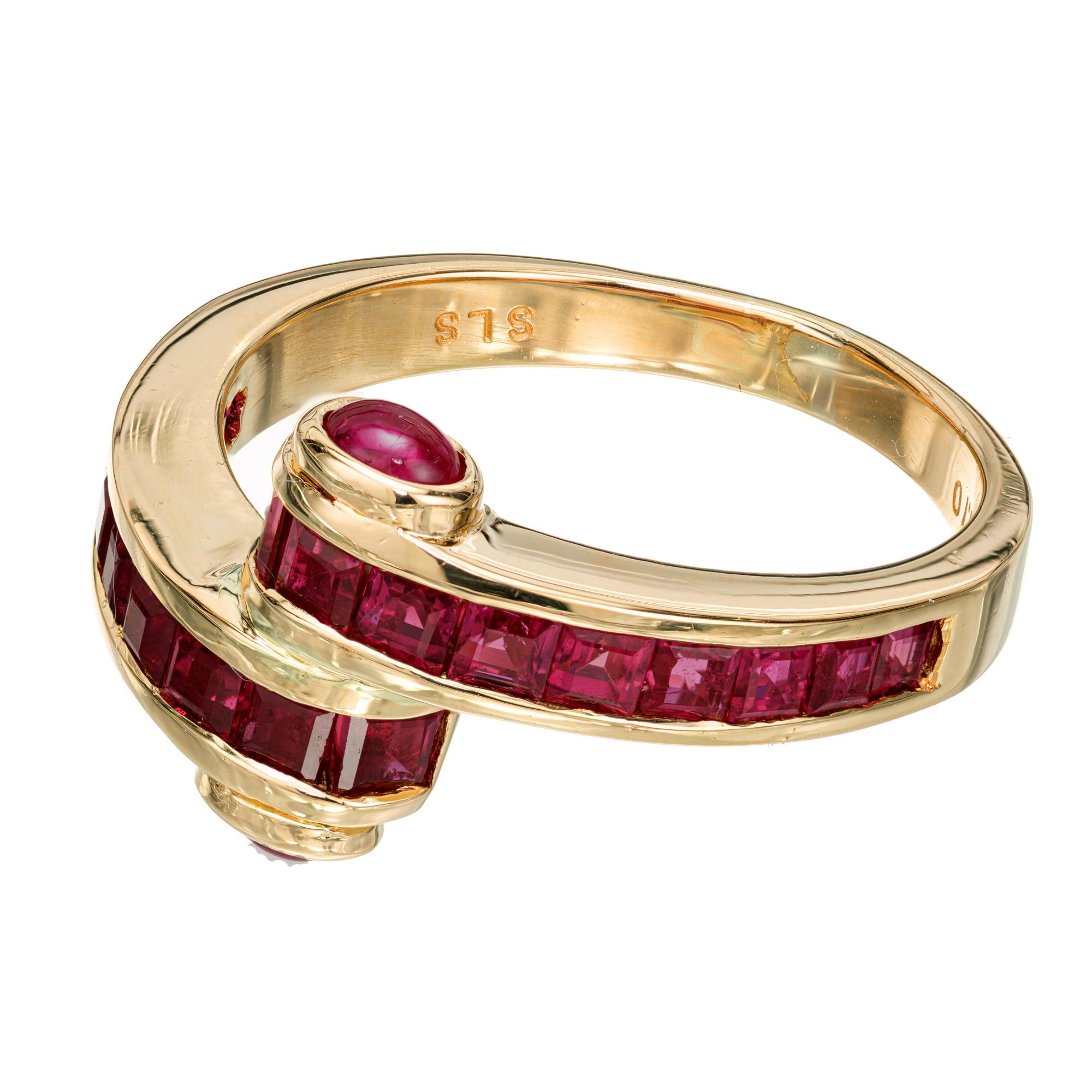Square Cut 2.11 Carat Ruby Yellow Gold Bypass Style Ring For Sale