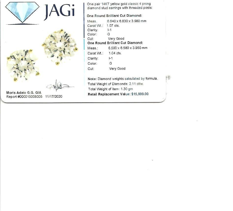 2.11 Carats Round Solitaire Natural Diamond Stud Earrings in Yellow Gold For Sale 5