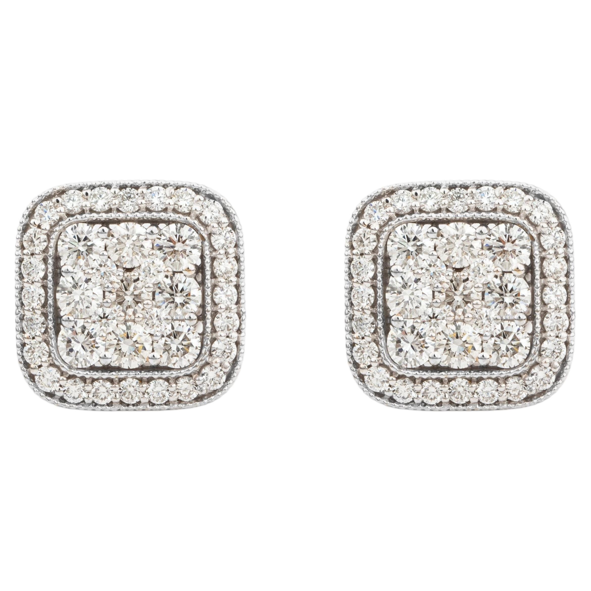 2.11 Ct Diamond Cushion Cluster Double Halo Statement Stud Earrings in 18K Gold