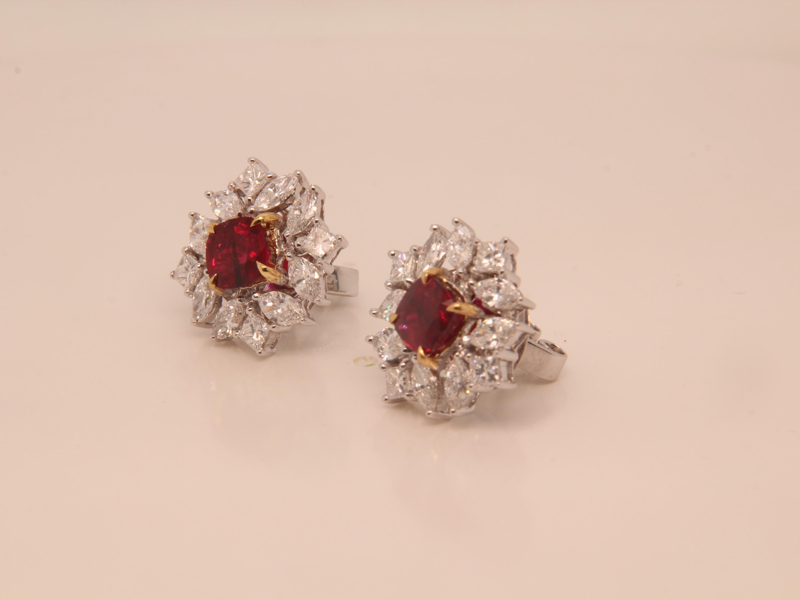 2.11 Ct GRS Pigeon Blood Burmese No Heat Ruby Diamond Earring in 18 Karat Gold In New Condition In Bangkok, TH