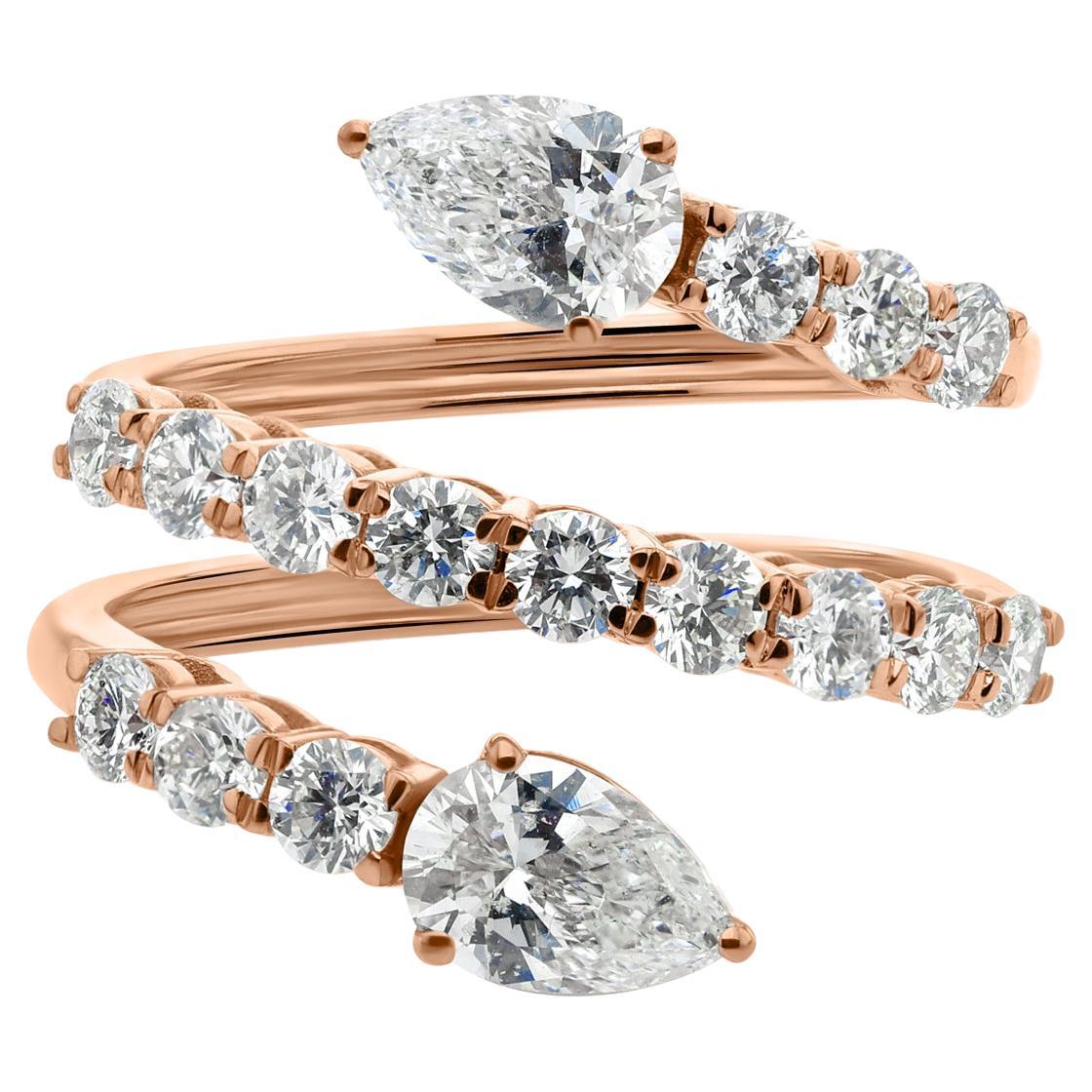 Anello a spirale con pera e diamante tondo SI/H da 2,11 carati in oro rosa 18 carati Gioielli di pregio