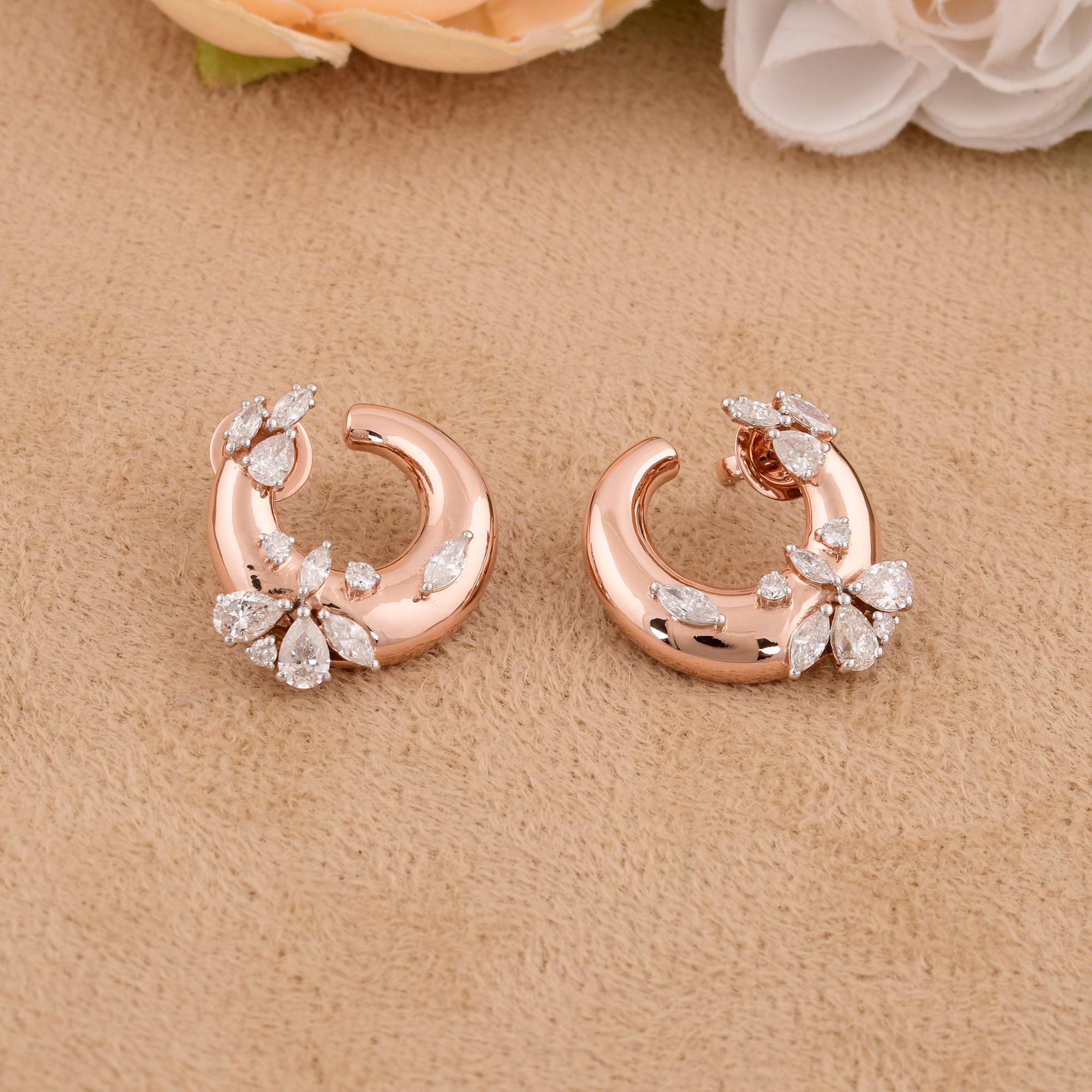 Modern 2.11 Ct. Pear & Marquise Diamond Hoop Earrings 14 Karat Rose Gold Fine Jewelry For Sale