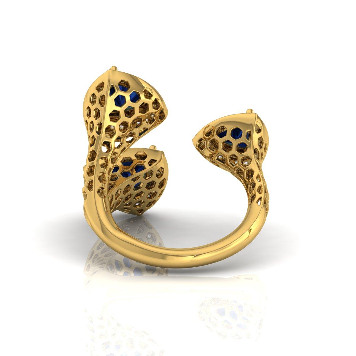 En venta: Zafiro de 2,11 ct Diamante de 0,40 ct Anillo de cóctel abierto de tres piedras Oro amarillo de 14k  2