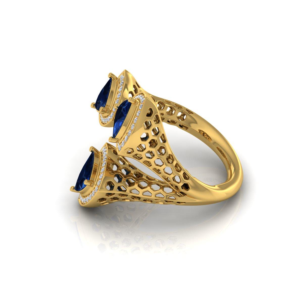 En venta: Zafiro de 2,11 ct Diamante de 0,40 ct Anillo de cóctel abierto de tres piedras Oro amarillo de 14k  4