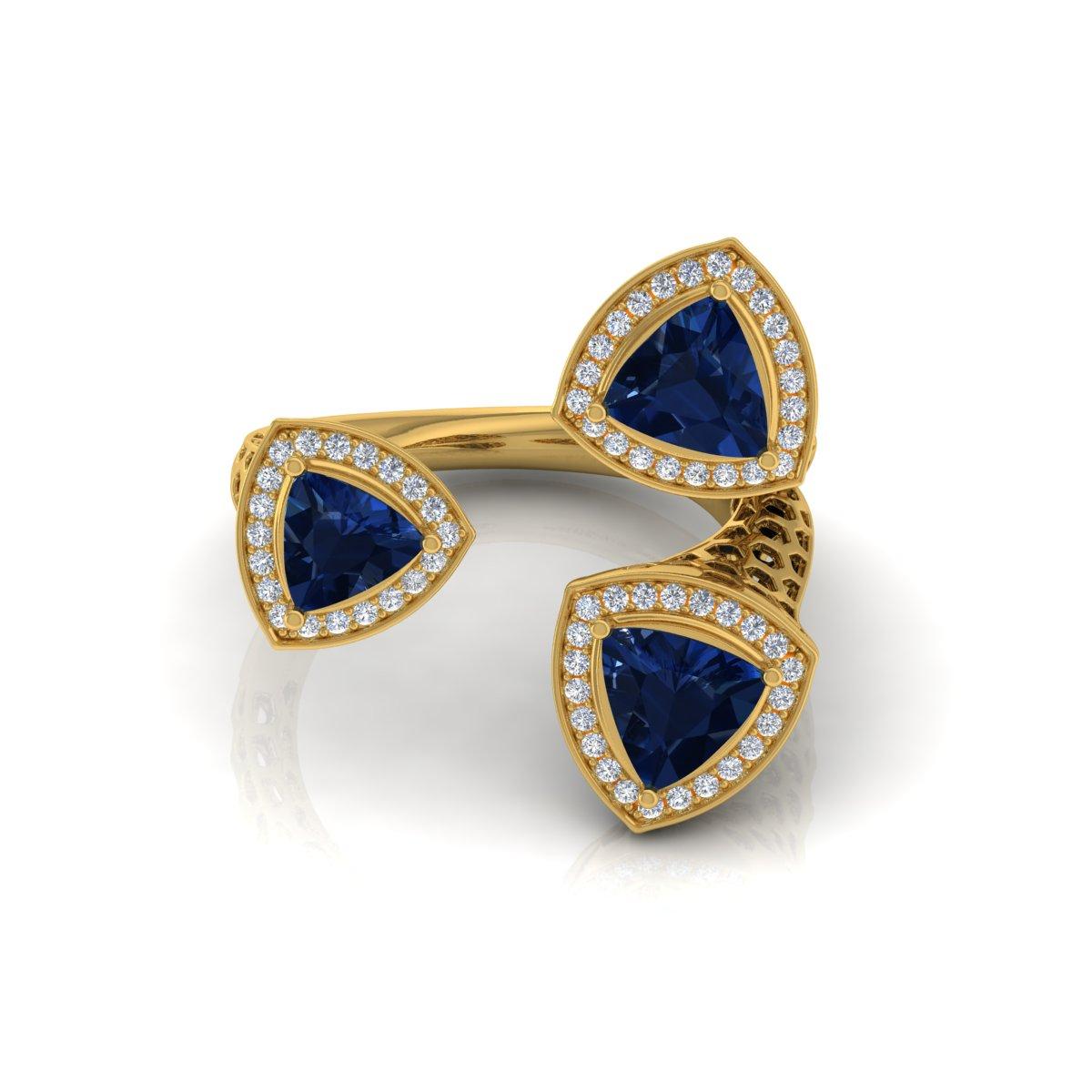 En venta: Zafiro de 2,11 ct Diamante de 0,40 ct Anillo de cóctel abierto de tres piedras Oro amarillo de 14k  5