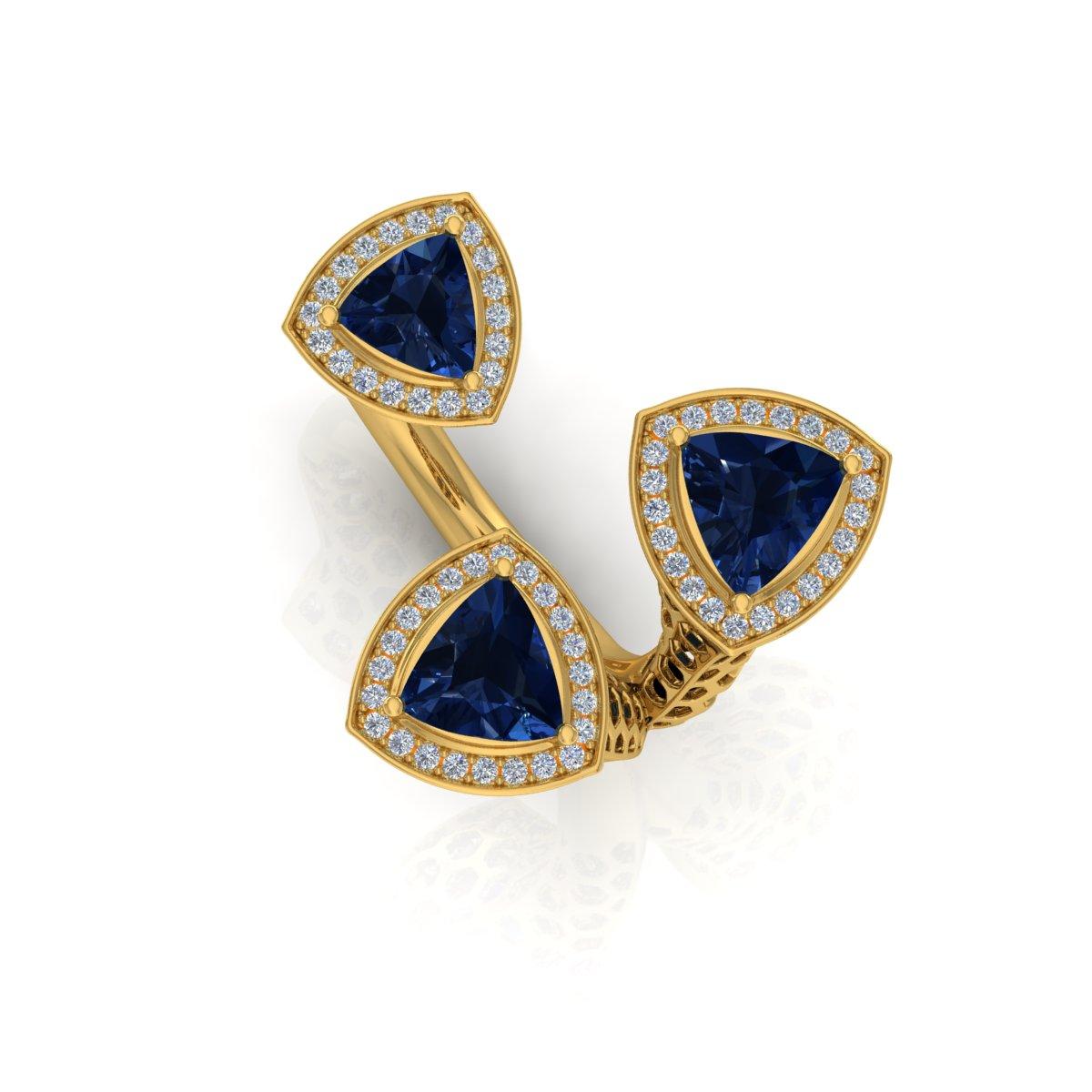 En venta: Zafiro de 2,11 ct Diamante de 0,40 ct Anillo de cóctel abierto de tres piedras Oro amarillo de 14k  6