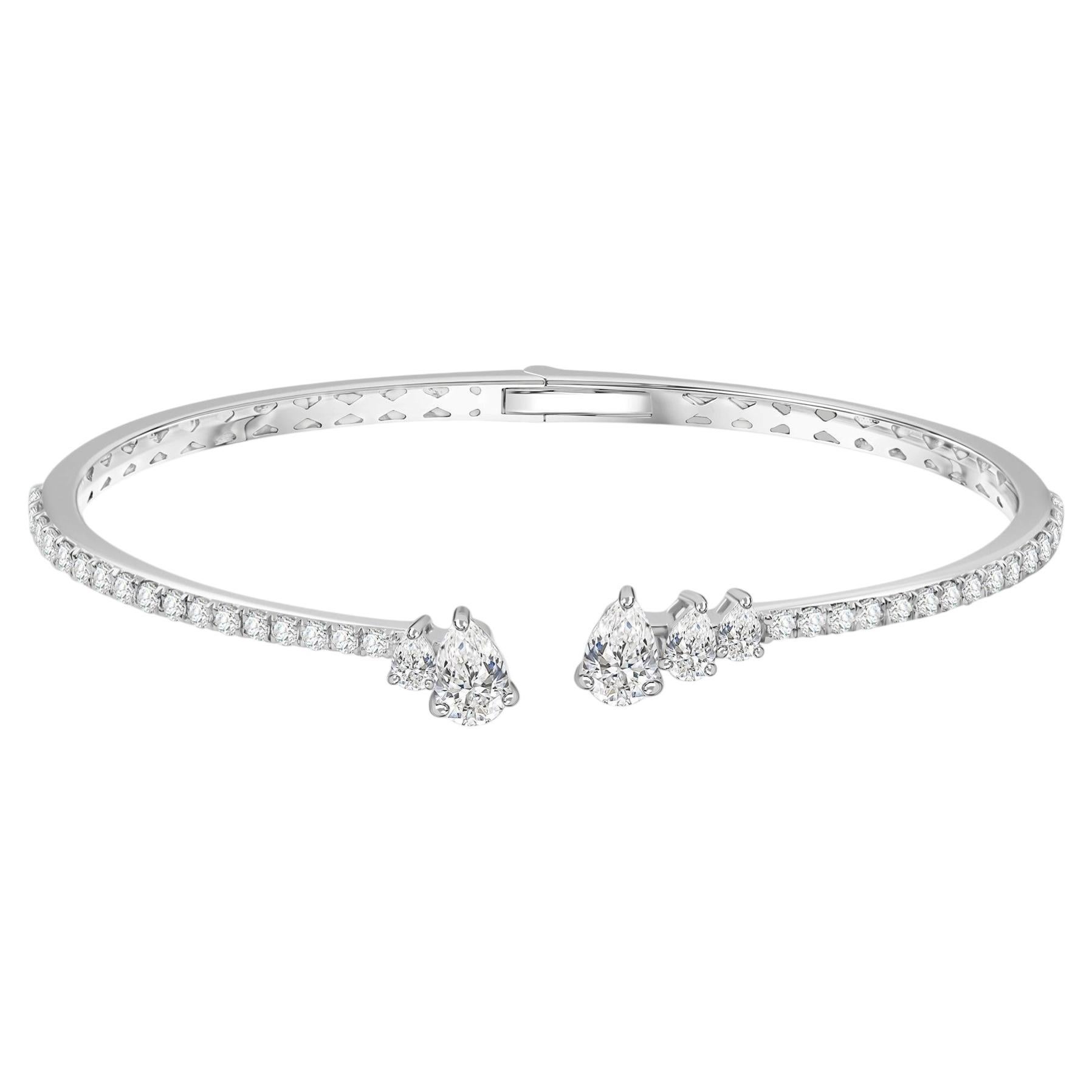 2.11 Ct SI/H Pear Diamond Open Bangle Bracelet 18K White Gold Fine Jewelry