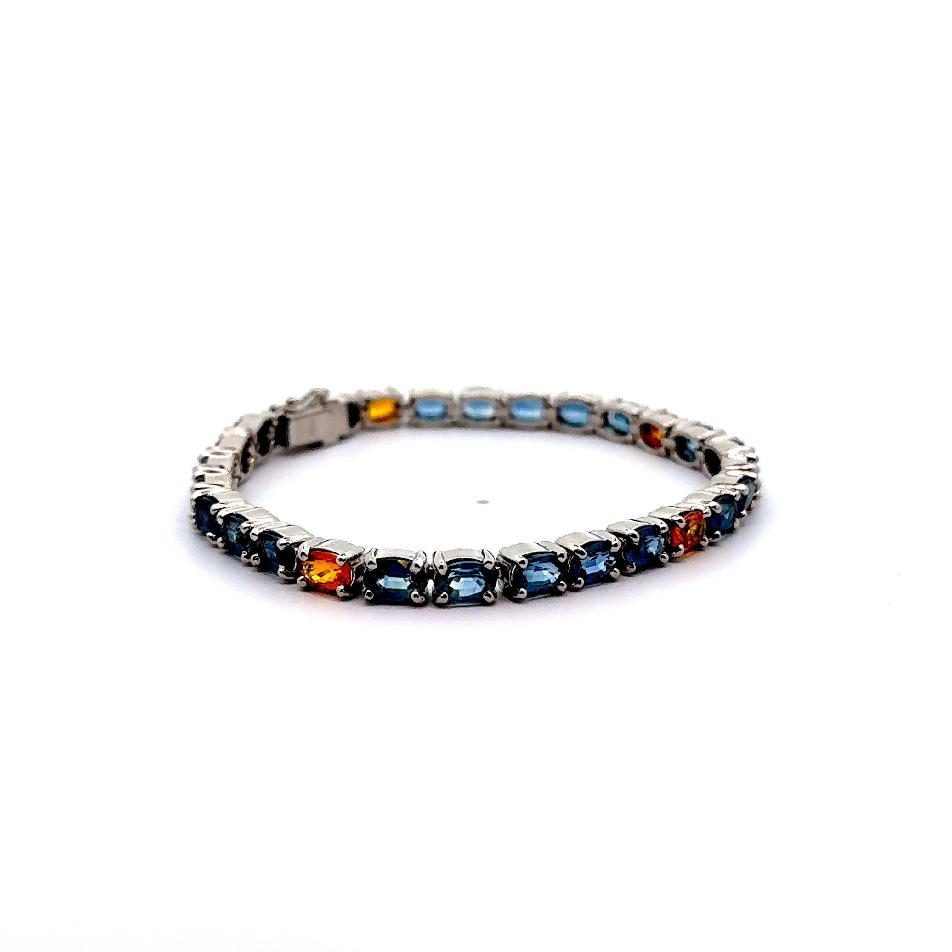 Contemporary 21.10 Carat Blue & Yellow Sapphire Platinum Tennis Bracelet For Sale