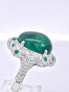 Artisan 21.10ct Emerald Cabochon Ring, 18K Gold, Diamonds, Singapore