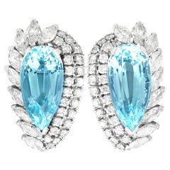 Retro 21.12 Carat Aquamarine 5.86 Carat Diamond Earrings