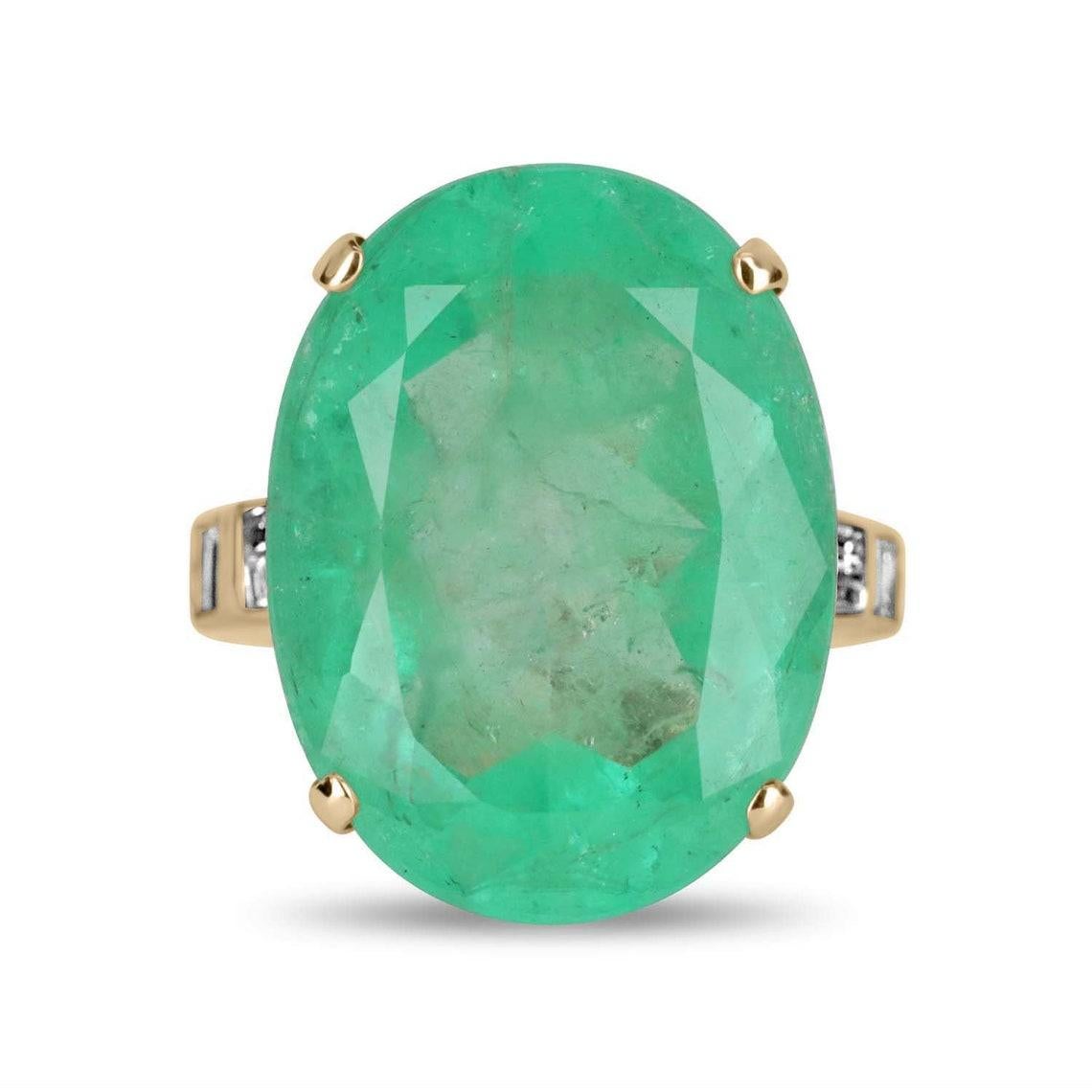 Modern 21.12tcw 14K Colombian Emerald-Oval Cut & Diamond Ring For Sale