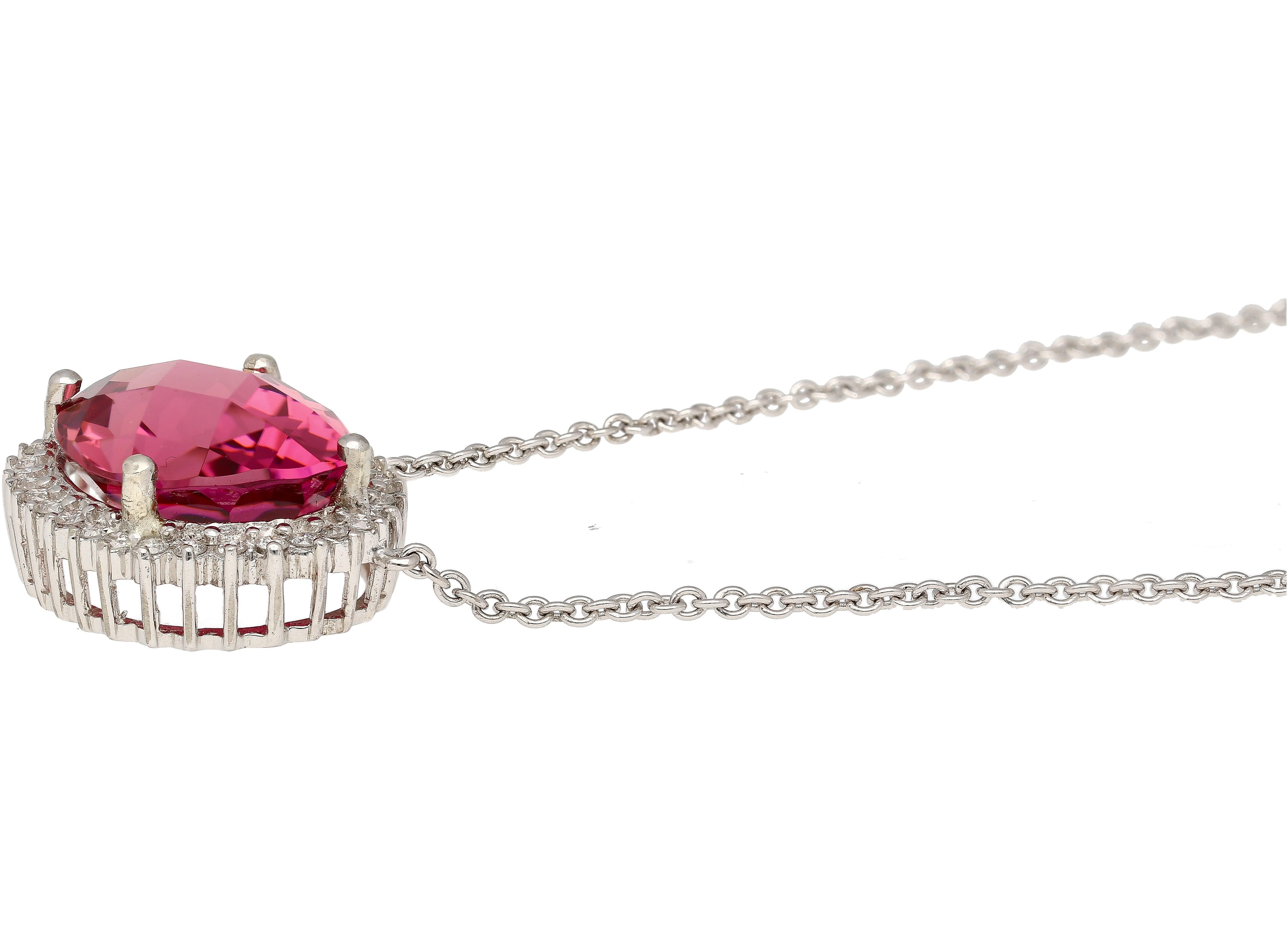 Contemporary 21.13 Carat Pink Tourmaline & Diamond Floating Pendant Necklace in 14K/18K Gold For Sale