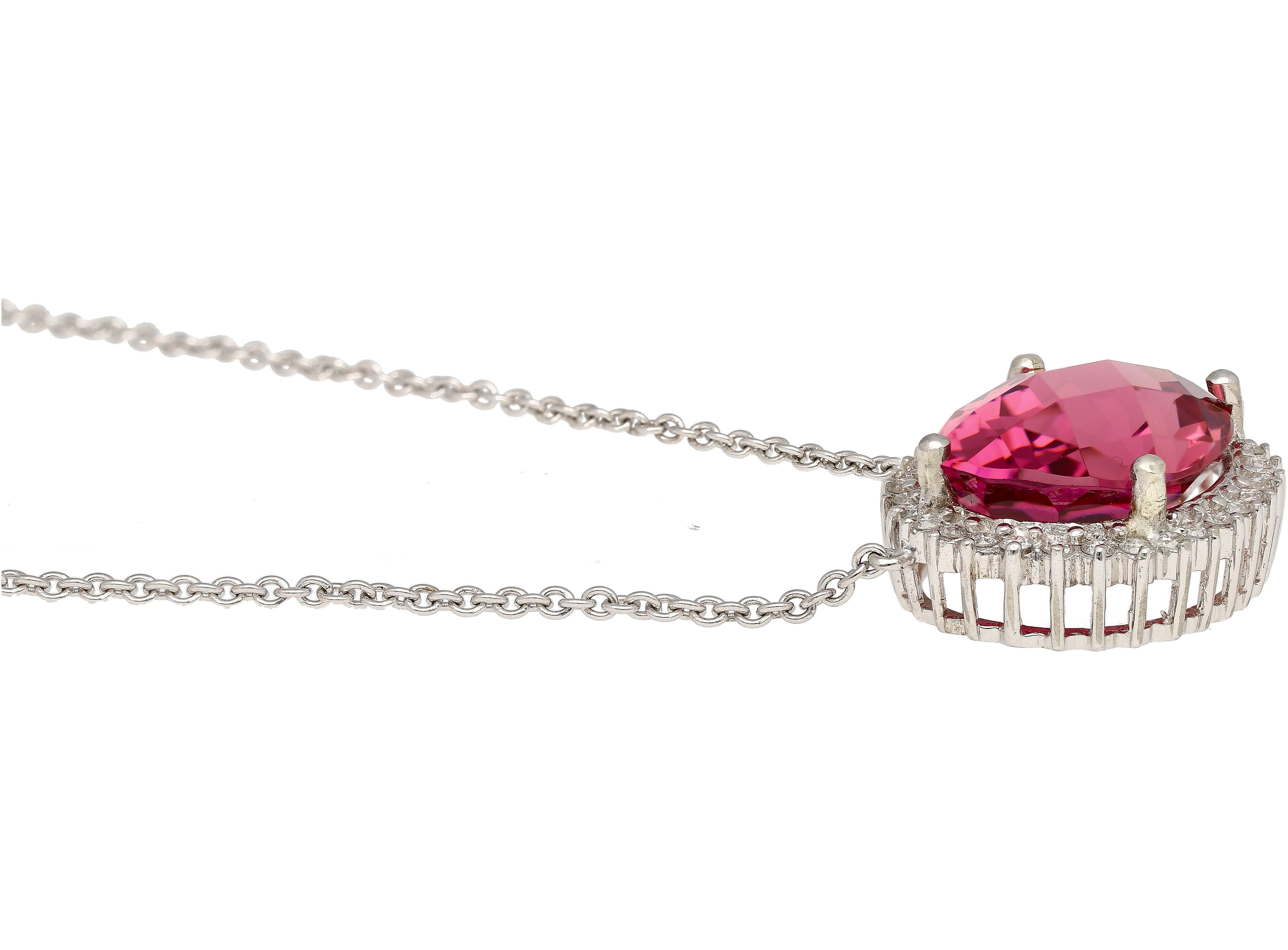 21.13 Karat Rosa Turmalin & Diamant Schwebender Anhänger Halskette aus 14K/18K Gold (Ovalschliff) im Angebot