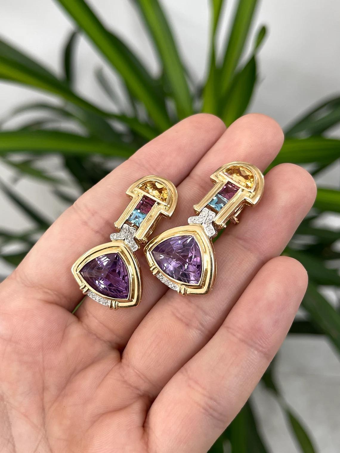 Art Deco 21.15tcw 14K Natural Amethyst, Diamond, Pink & Blue Topaz, and Citrine Earrings For Sale