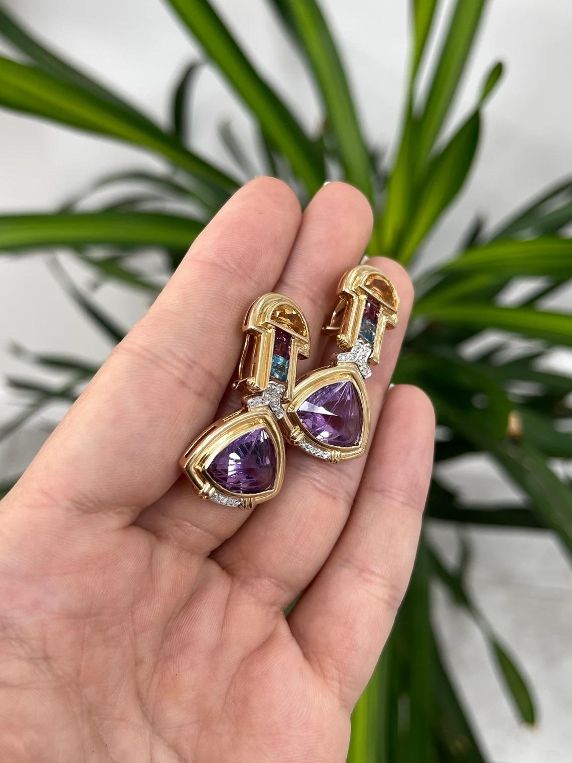 Trillion Cut 21.15tcw 14K Natural Amethyst, Diamond, Pink & Blue Topaz, and Citrine Earrings For Sale