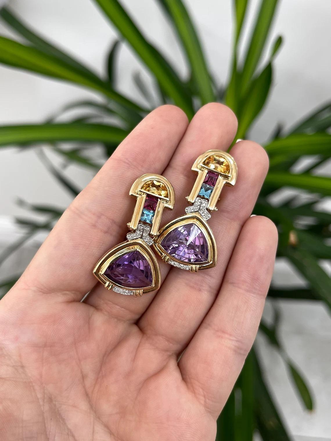 21.15tcw 14K Natural Amethyst, Diamond, Pink & Blue Topaz, and Citrine Earrings In New Condition For Sale In Jupiter, FL
