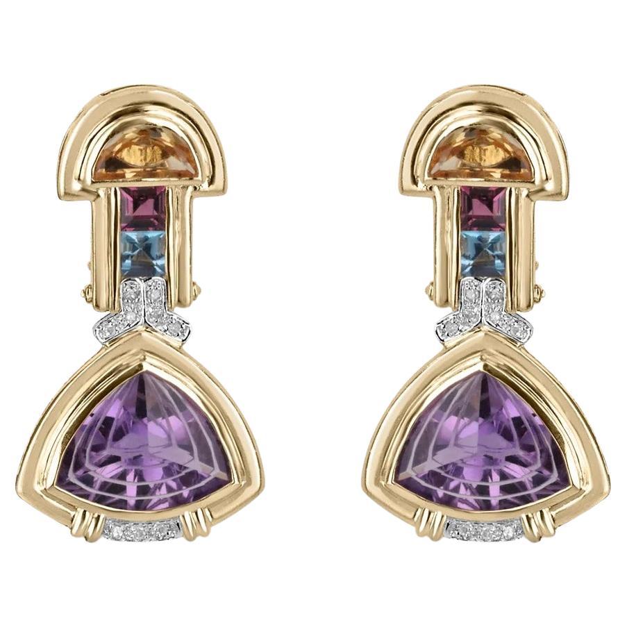21.15tcw 14K Natural Amethyst, Diamond, Pink & Blue Topaz, and Citrine Earrings
