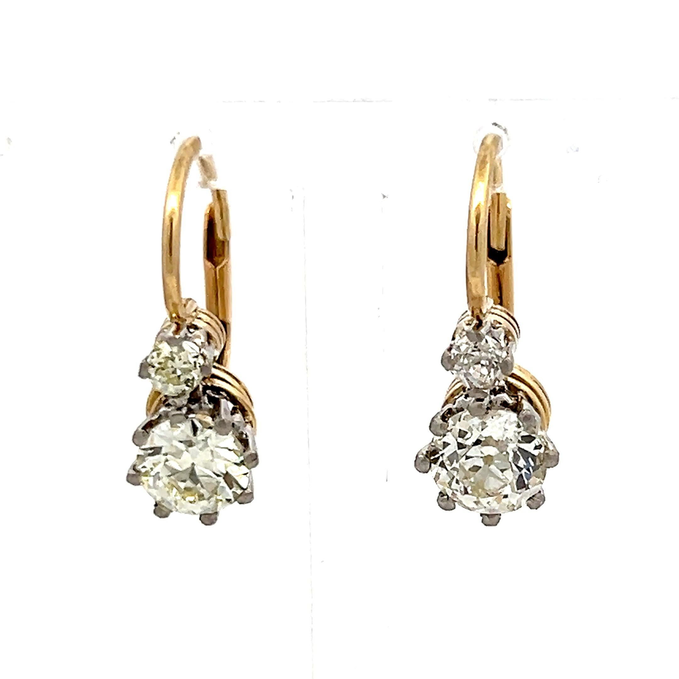 2,11ct Old European & Brillantschliff O VS2 Diamant Zweifarbige Ohrringe mit Hebelverschluss im Angebot 2