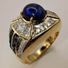 2.11ct Oval Cabochon Royal Blue Sapphire Diamond Art Deco Men's Ring in 14k Gold