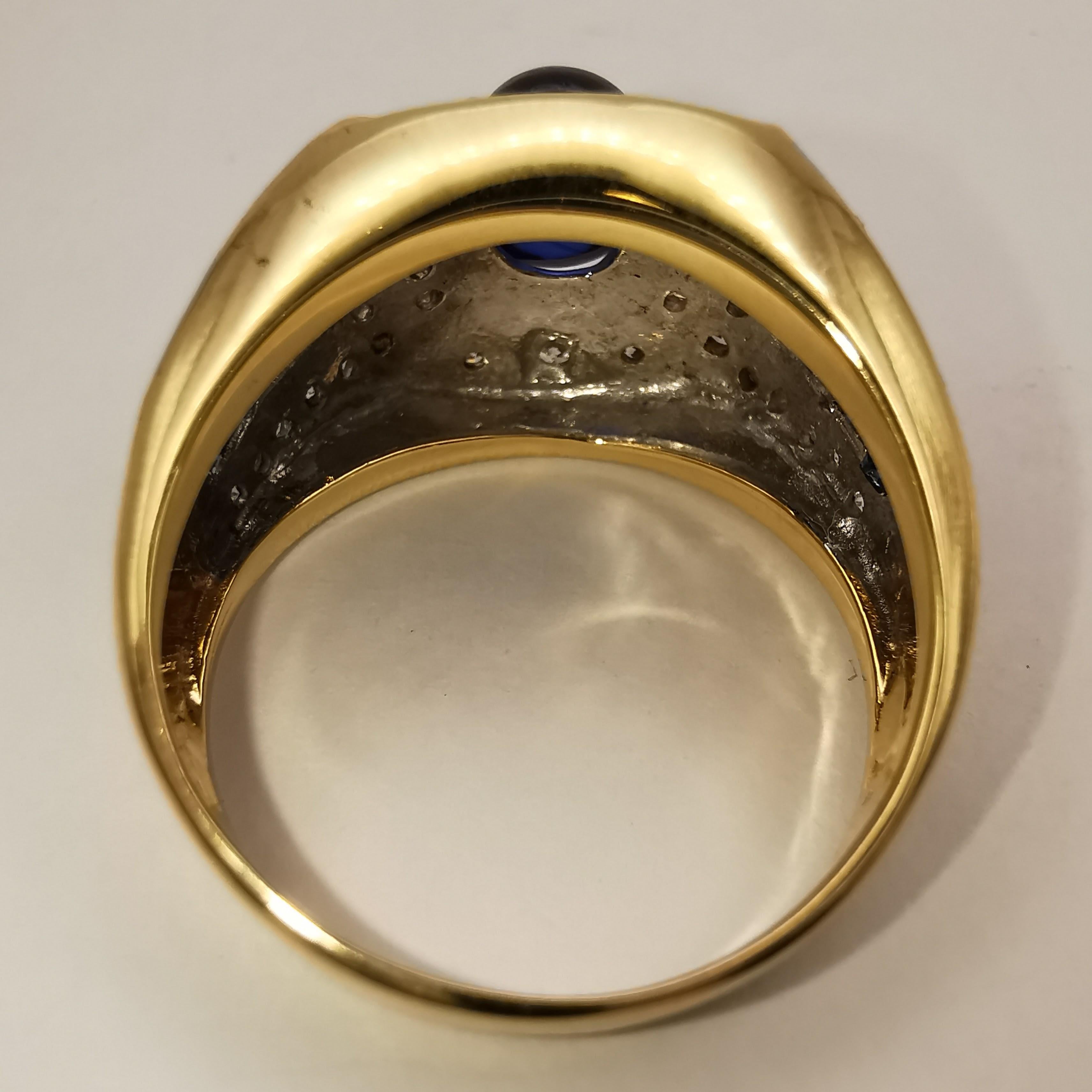 2.11ct Oval Cabochon Royal Blue Sapphire Diamond Art Deco Men's Ring in 14k Gold 2