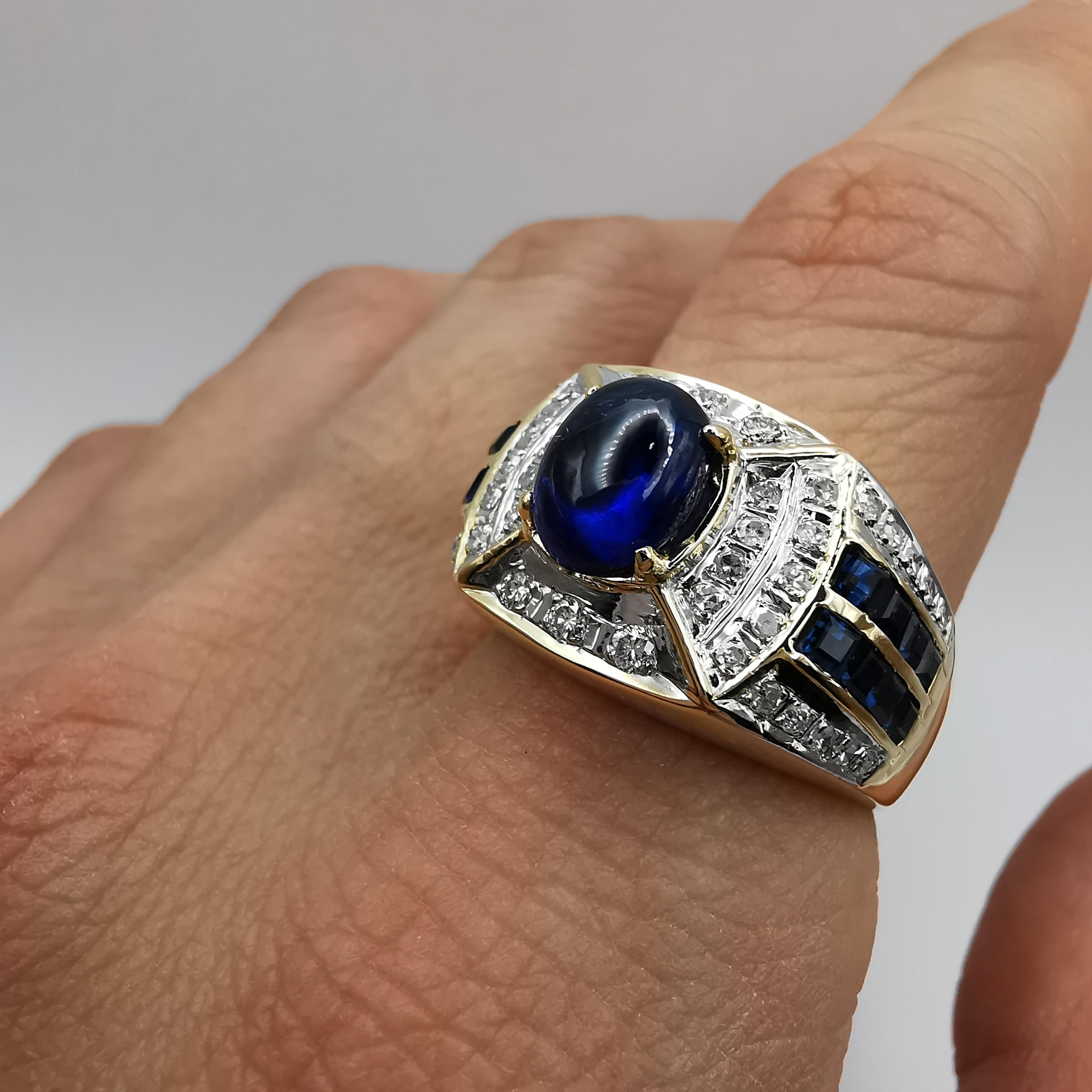 2.11ct Oval Cabochon Royal Blue Sapphire Diamond Art Deco Men's Ring in 14k Gold 5