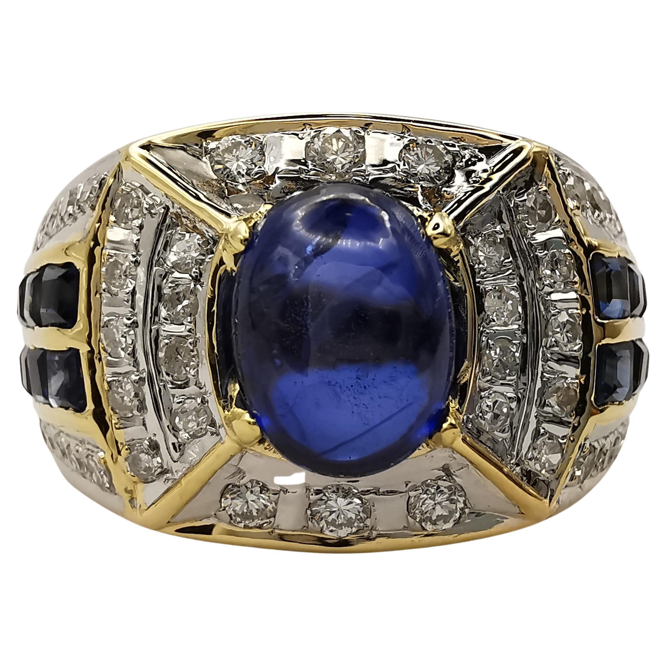 2.11ct Oval Cabochon Royal Blue Sapphire Diamond Art Deco Men's Ring in 14k Gold