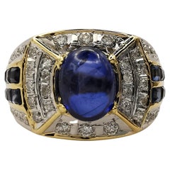 2.11ct Oval Cabochon Royal Blue Sapphire Diamond Art Deco Men's Ring in 14k Gold