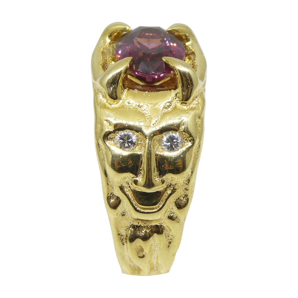 Women's or Men's 2.11ct Pink Spinel, Diamond Devil Mask Ring set in 14k Yellow Gold For Sale