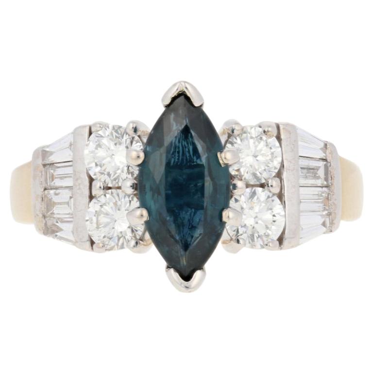 14K Yellow Gold Marquise Cut Blue Sapphire Diamond Ring For Sale at 1stDibs