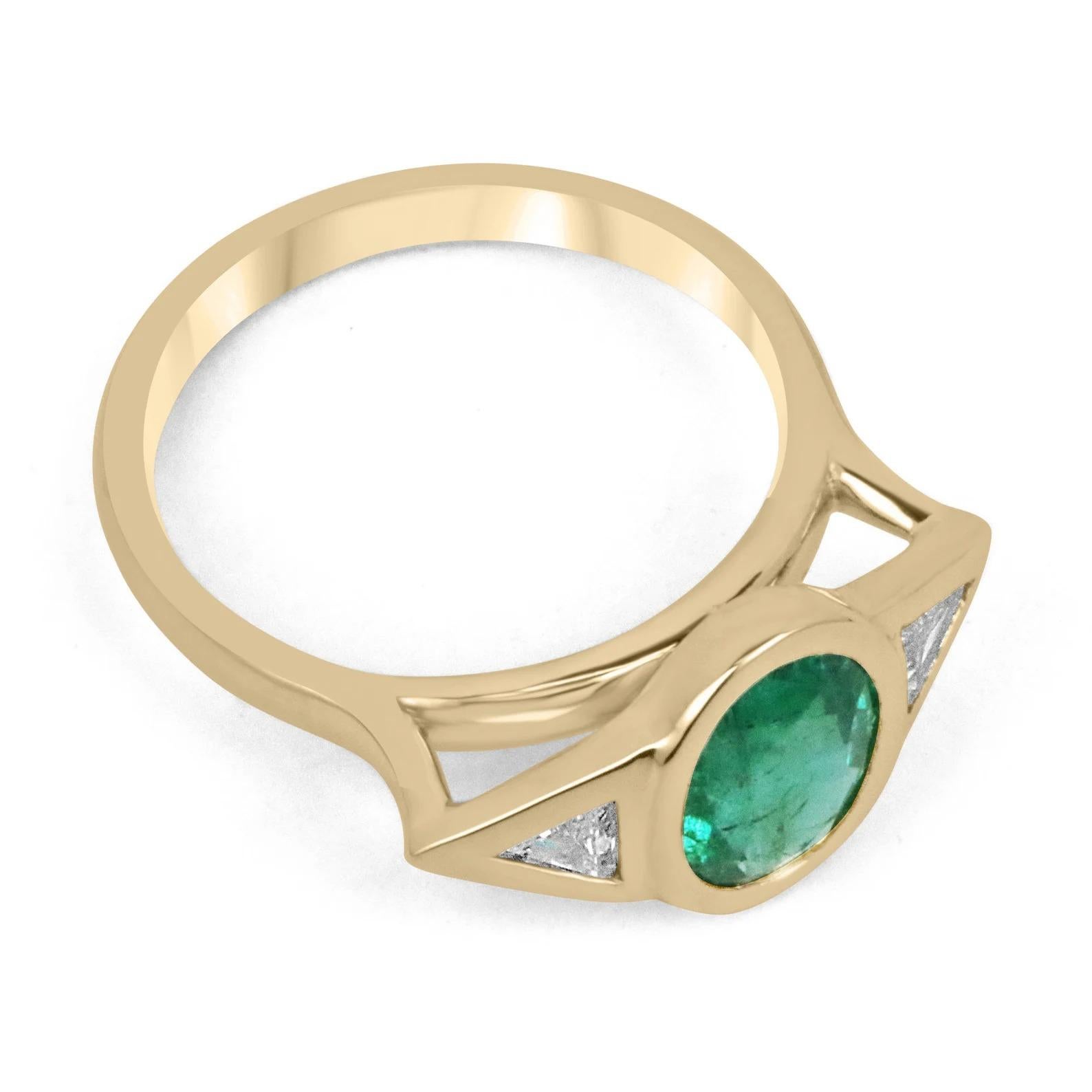 Featured here is a gorgeous AAA dark vivid emerald and diamond three-stone ring. The center stone is a stunning natural emerald-Oval cut. This gemstone displays medium green color and very good eye clarity. We designed this ring to be medium profile