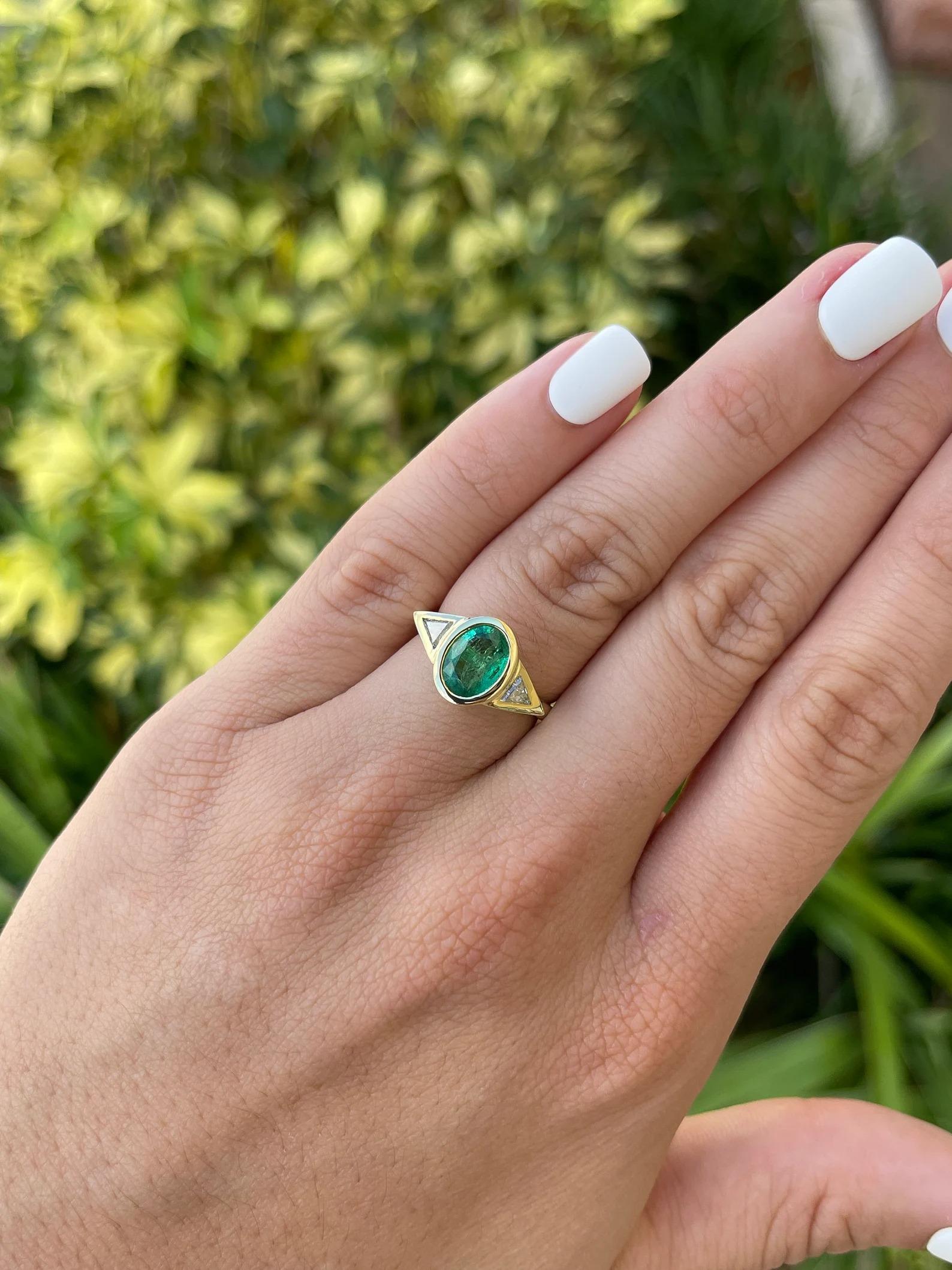 Modern 2.11tcw AAA+ Three Stone Dark Oval Emerald & Trillion Cut Diamond Ring 18K For Sale